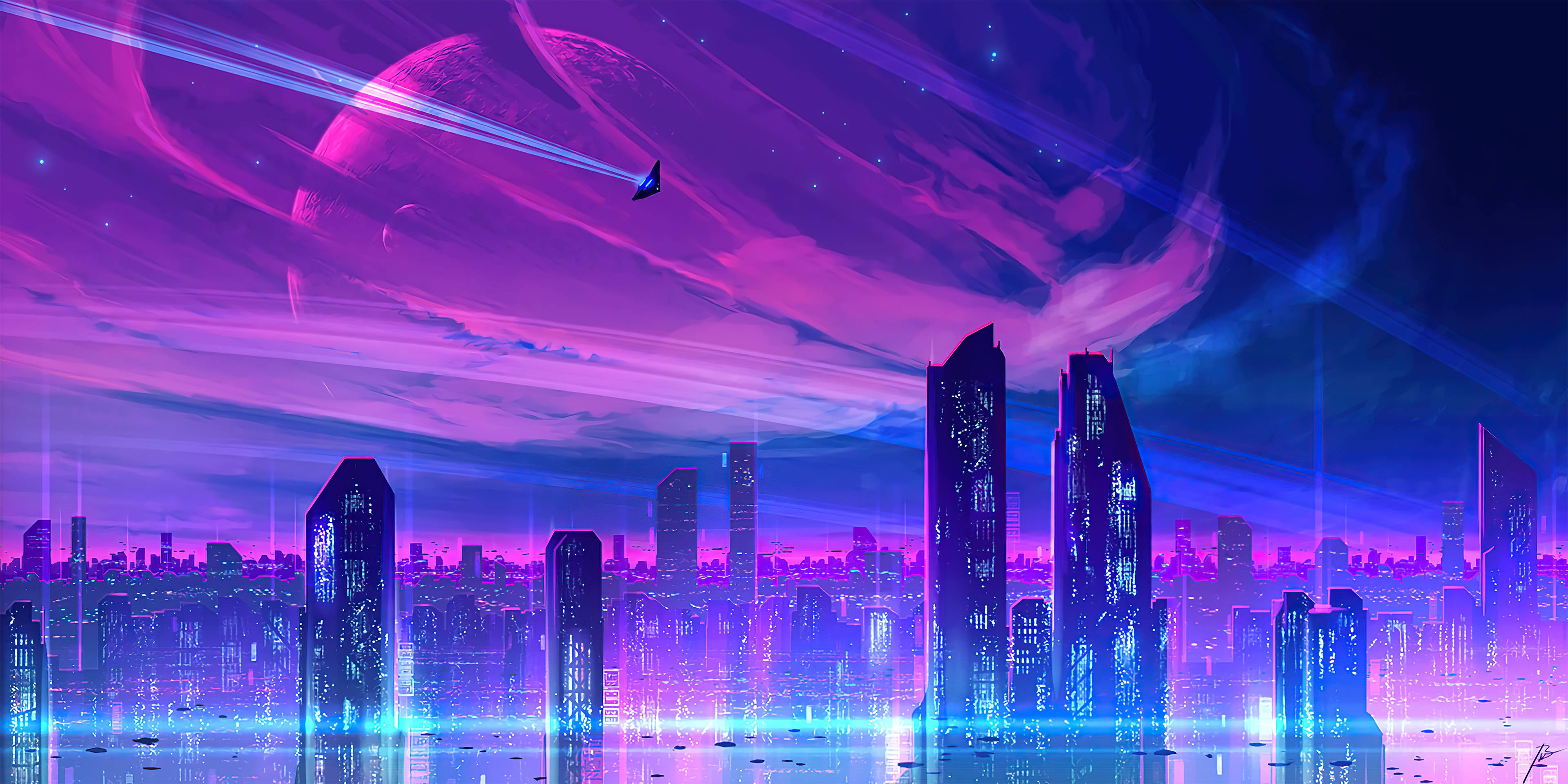 neon purple, blue lights, cosmic sky, 4K Desktop Wallpaper