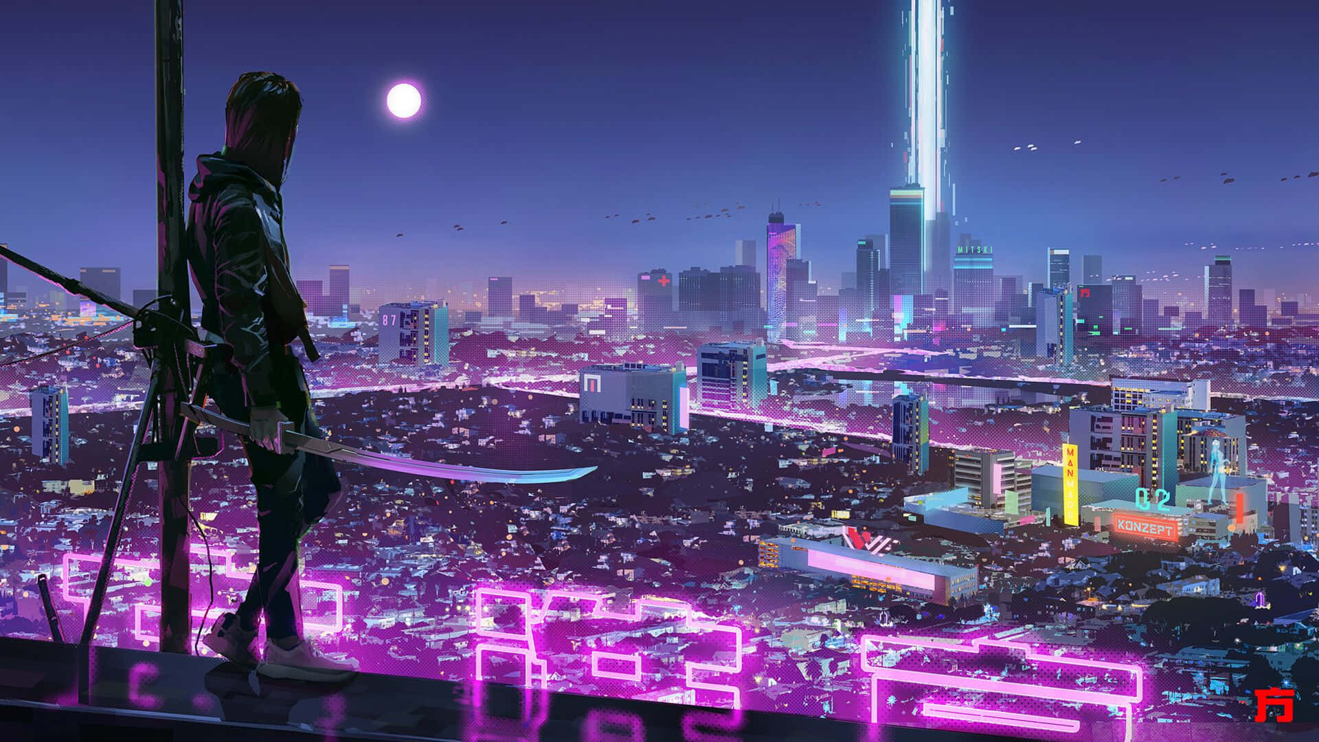 Night City, neon-drenched, glowing moon, Full HD Desktop Wallpaper