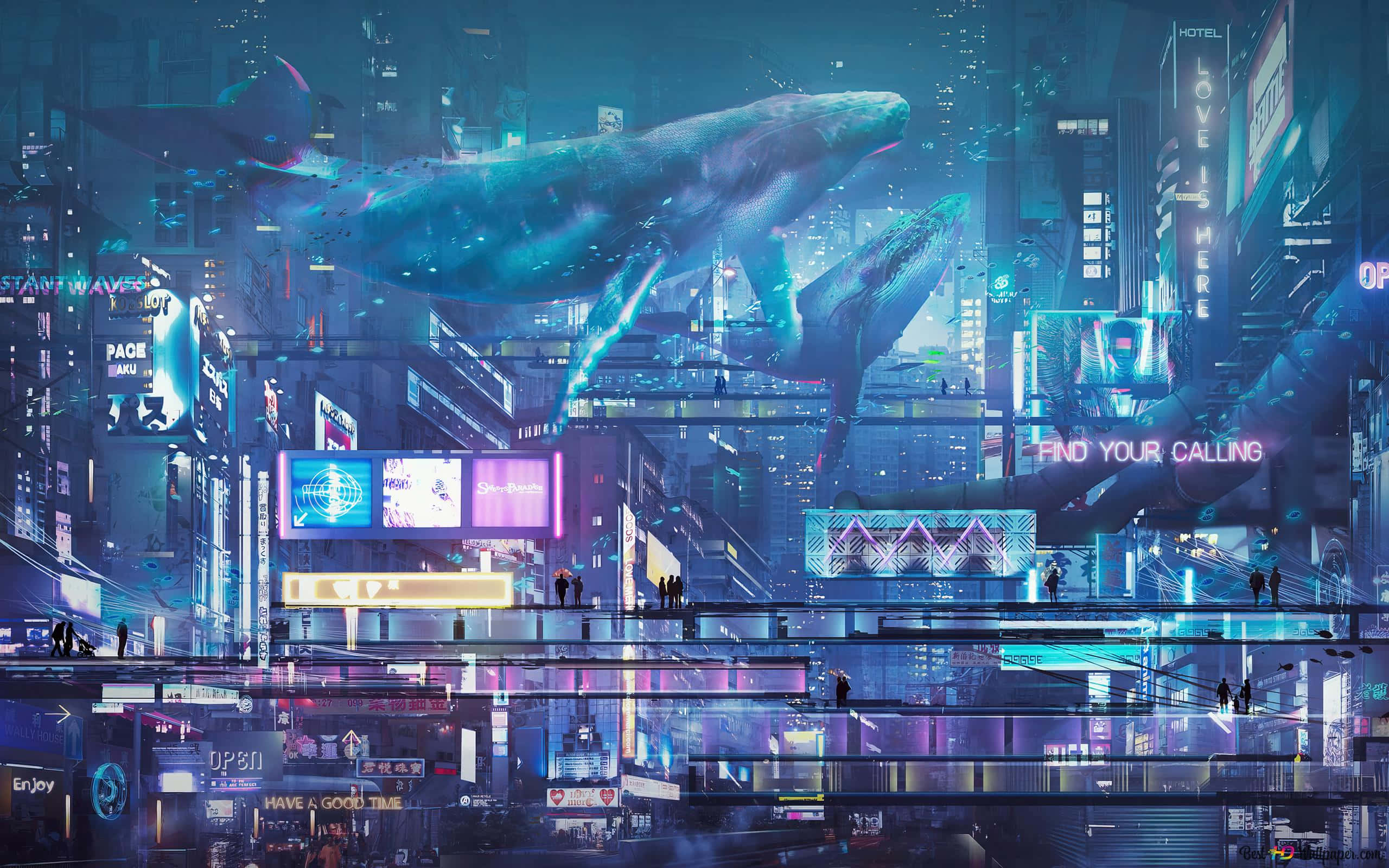 Night City, cyberpunk cityscape, neon-drenched, 2K Desktop Wallpaper