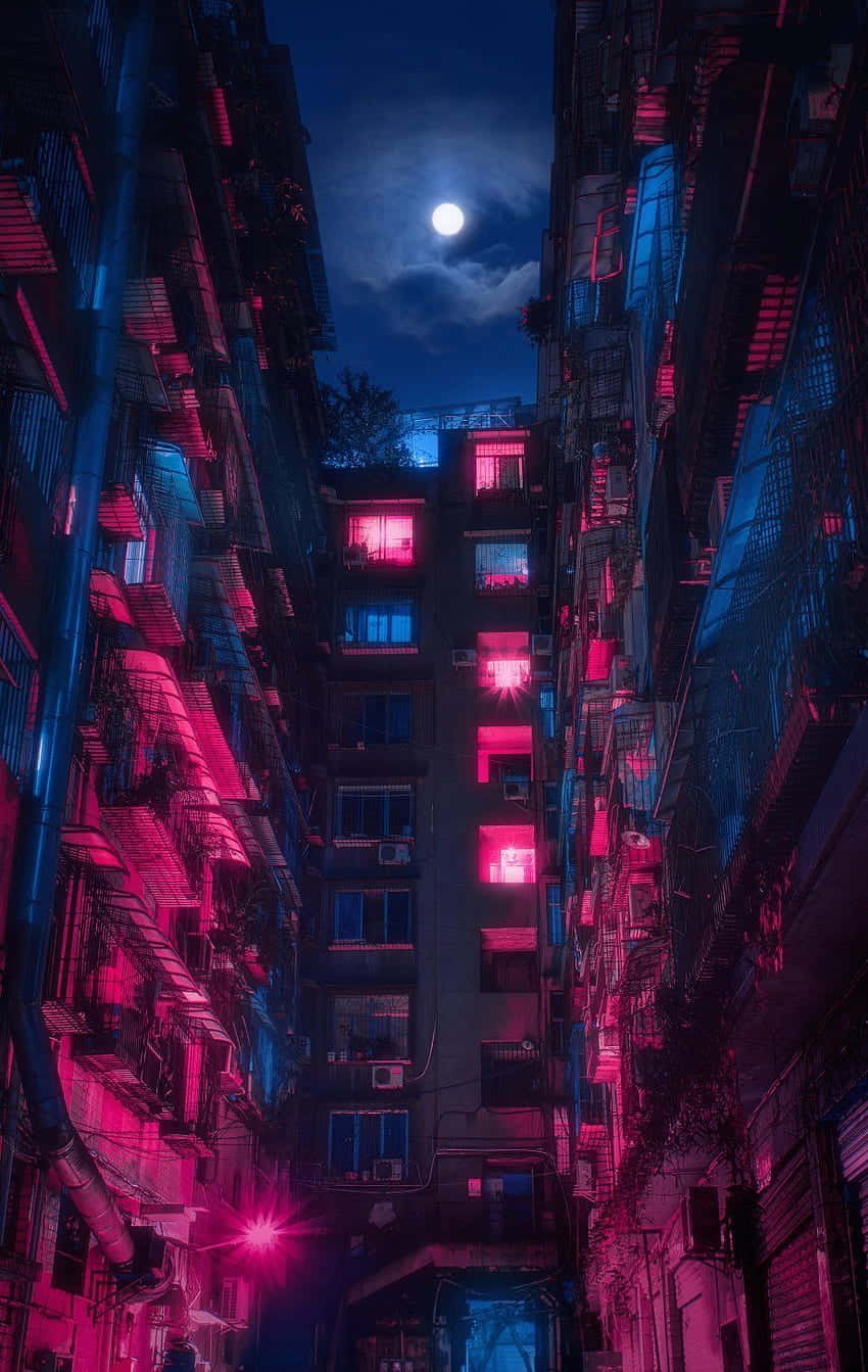neon lights, pink and blue, urban alleyway, HD Phone Wallpaper