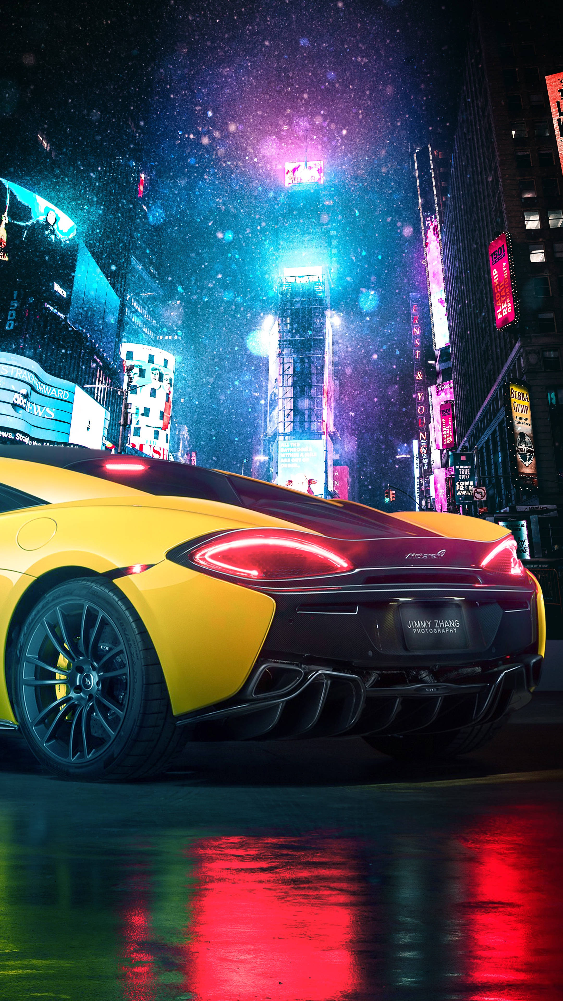 Black And Yellow 4K Car iPhone, neon lights, rain-slicked city street, 4K Phone Wallpaper