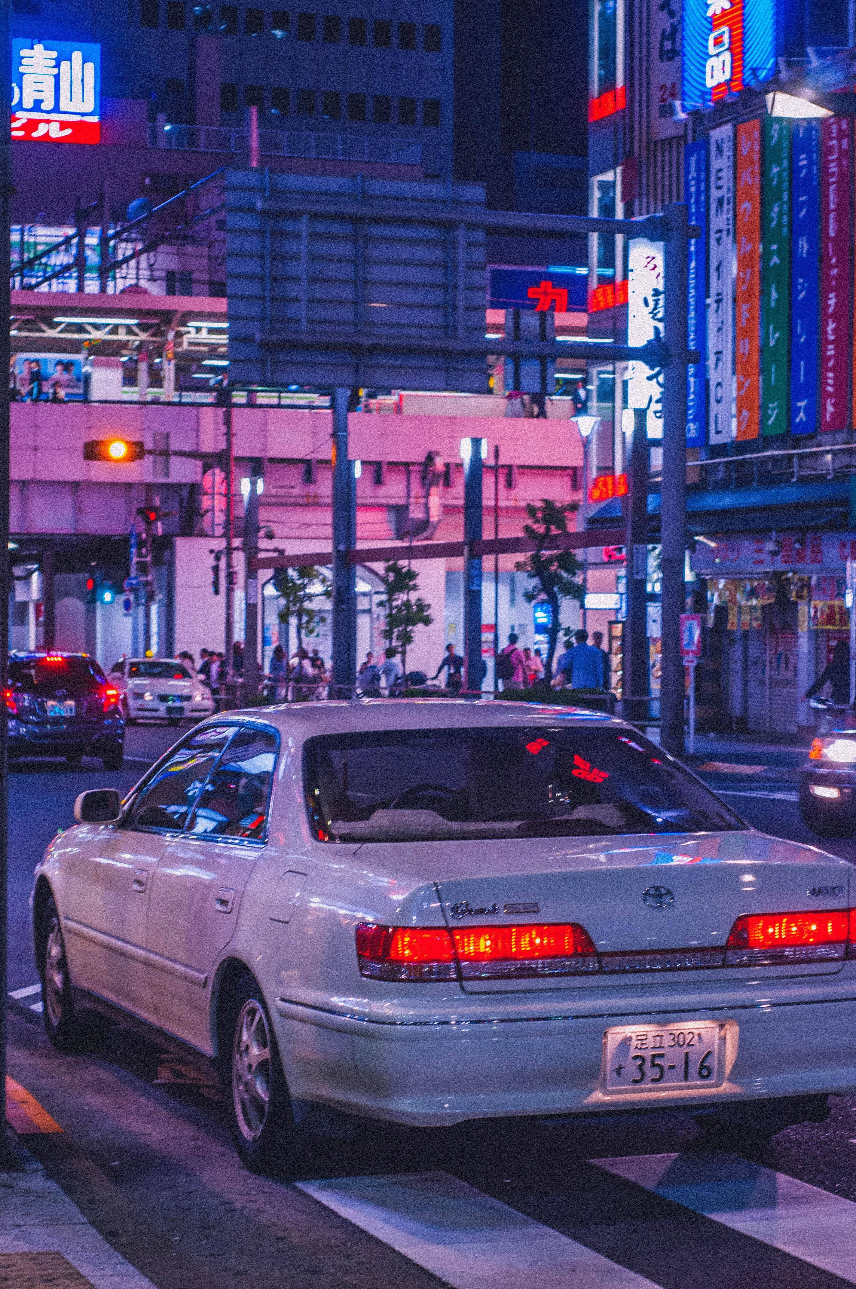 JDM car, silver sedan, neon lights, 4K Phone Wallpaper