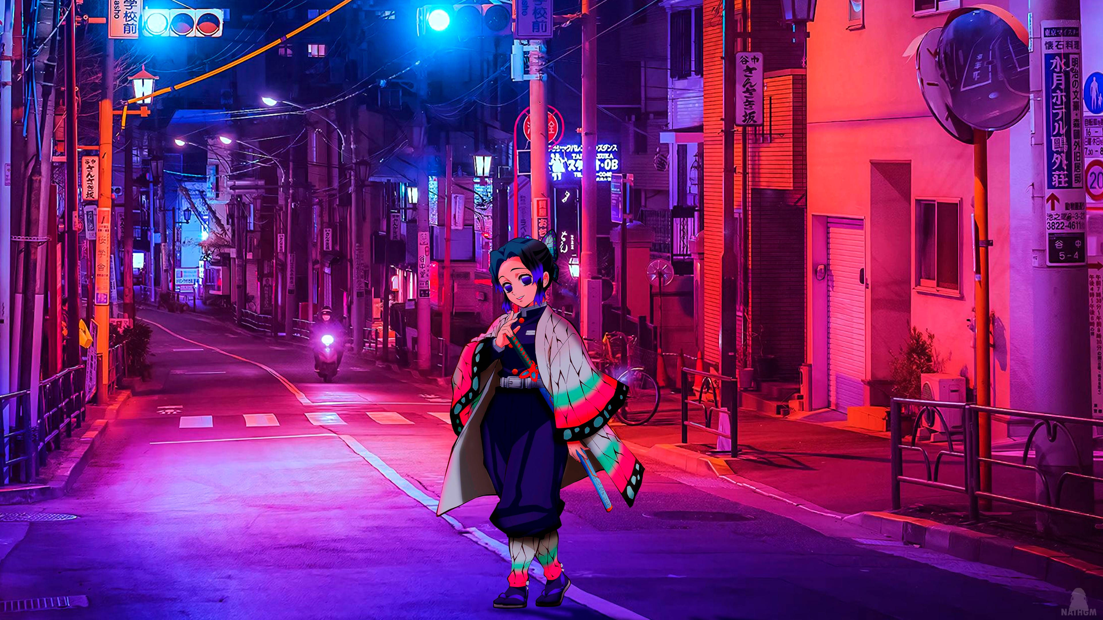 Anime Night City, neon-drenched Japanese alleyway, vibrant pink and blue lights, 4K Desktop Wallpaper