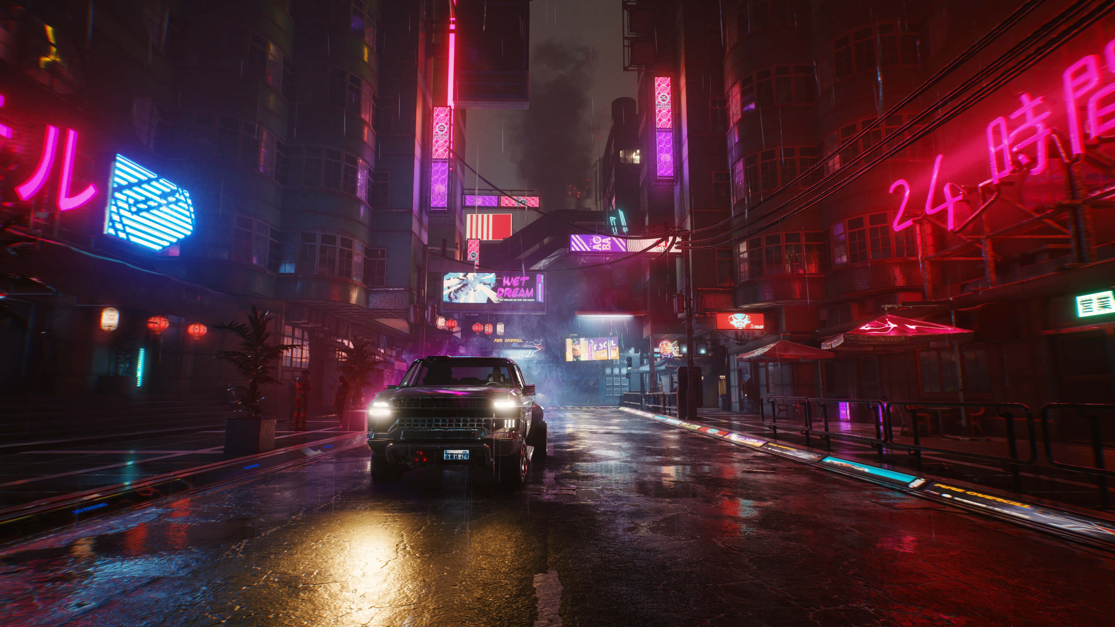 neon lights, neon signs, vintage car, 4K Desktop Wallpaper