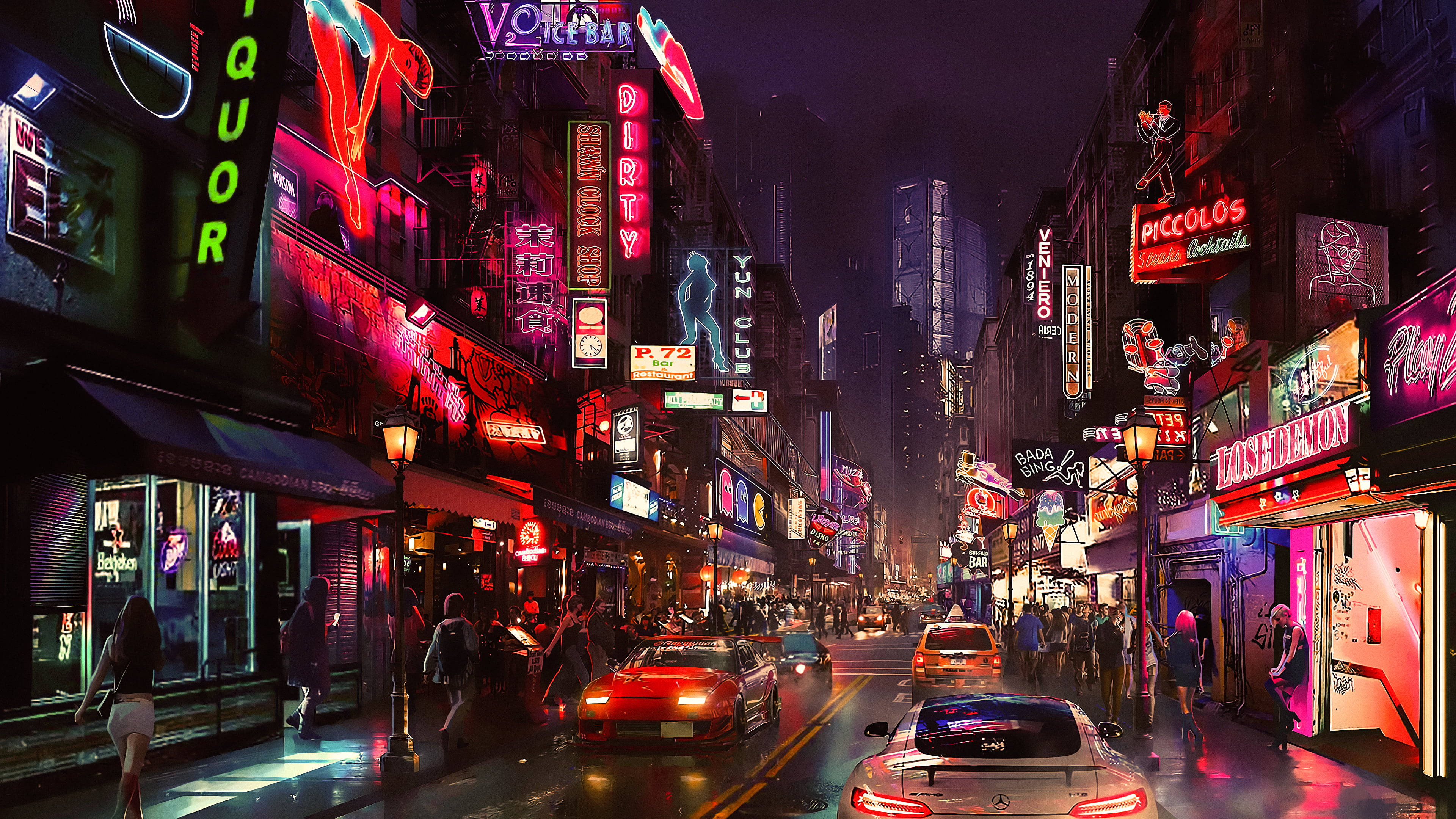 4K, PC, neon-lit city street, 4K Desktop Wallpaper