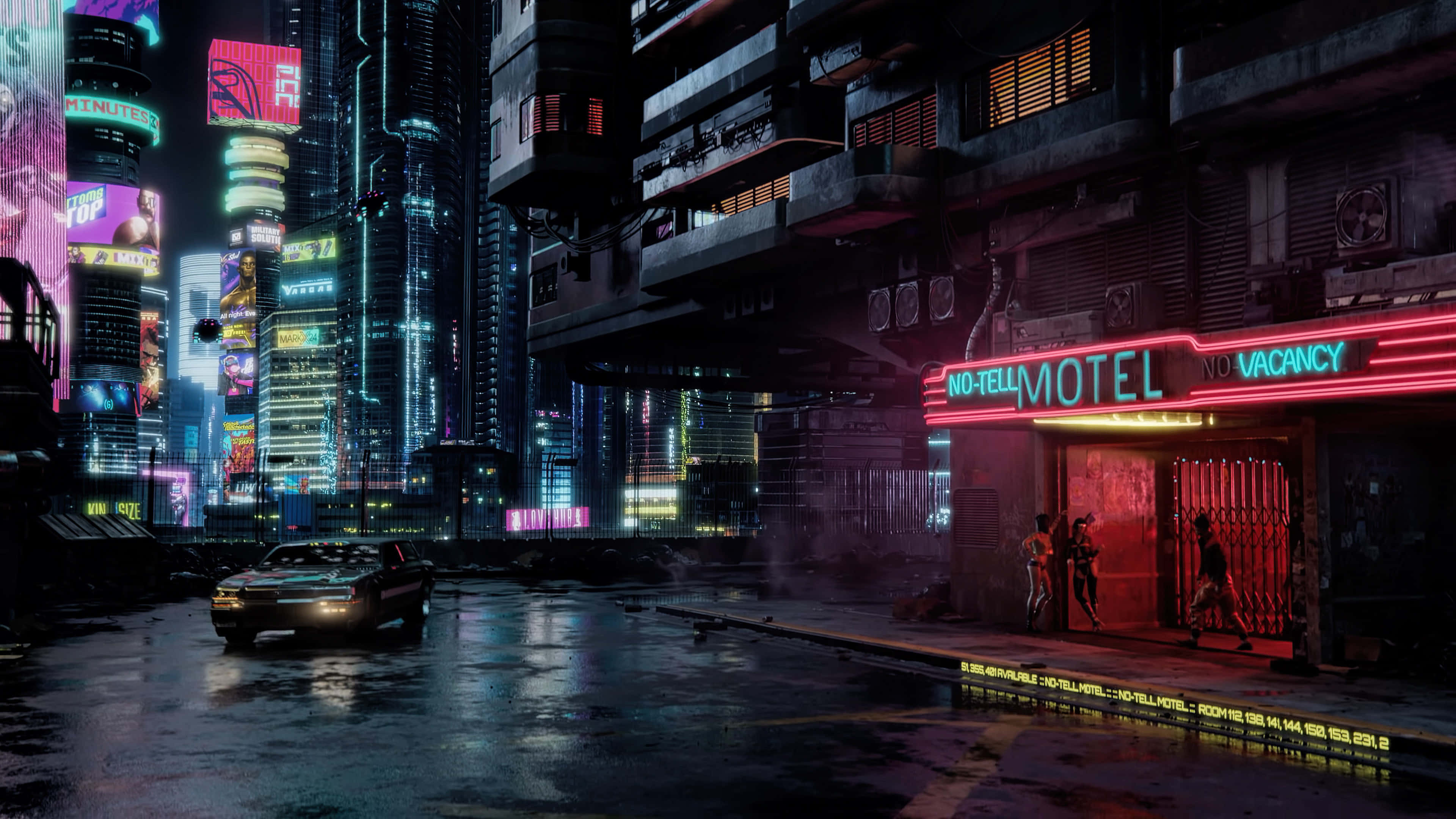 Night City, neon-drenched cyberpunk street, glowing no tell motel, 4K Desktop Wallpaper
