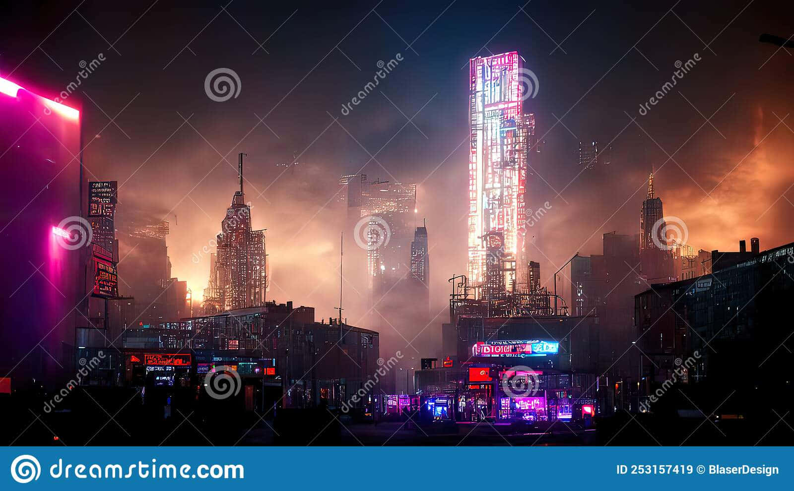 neon-lit cityscape, towering skyscrapers, smoky haze, HD Desktop Wallpaper
