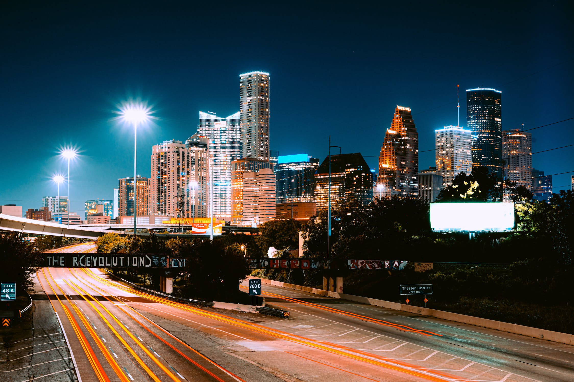 Night City, glowing skyscrapers, streaking light trails, Full HD Desktop Wallpaper