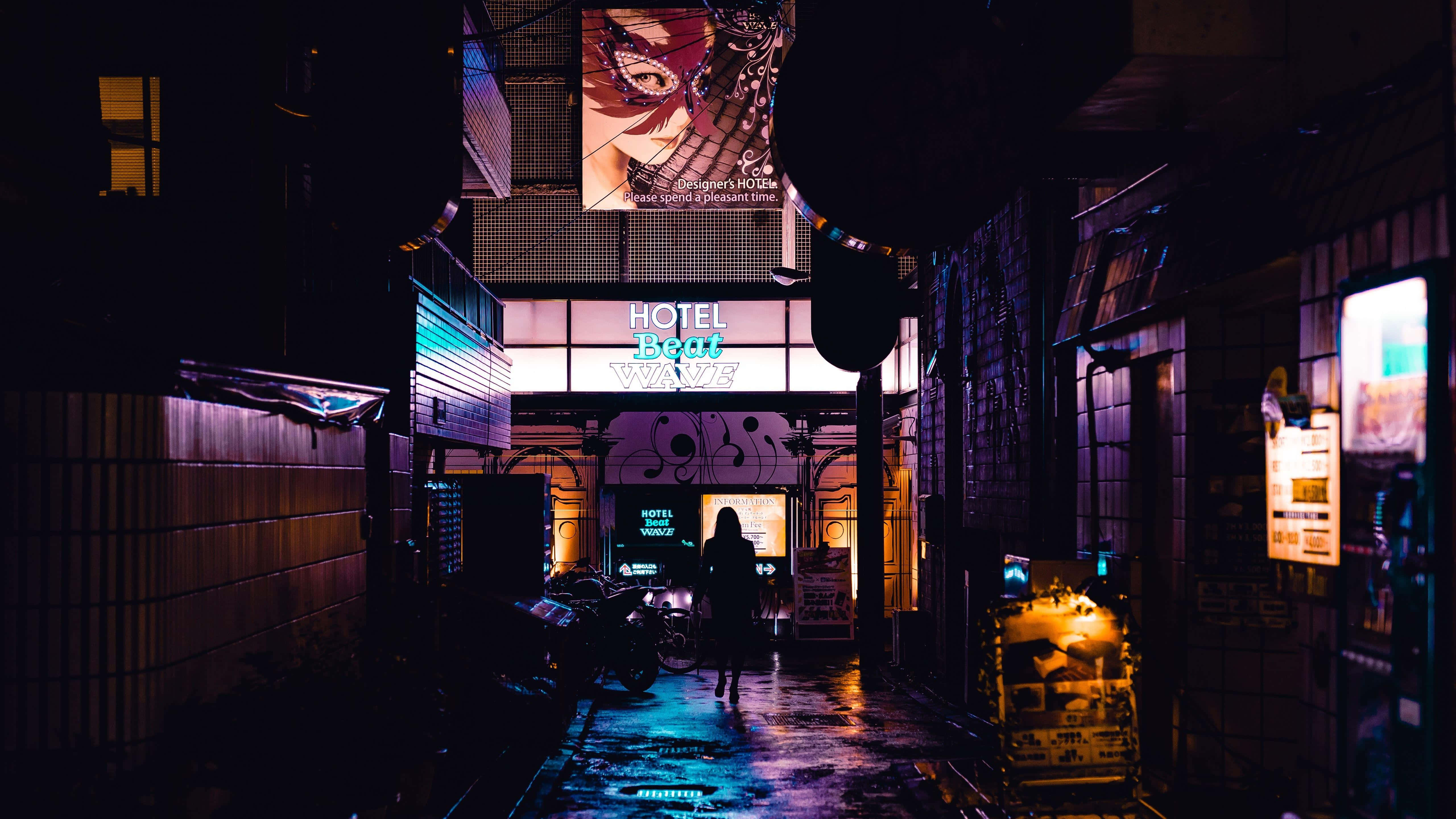 neon-lit alley, glowing hotel entrance, anime-style signage, 5K Desktop Wallpaper