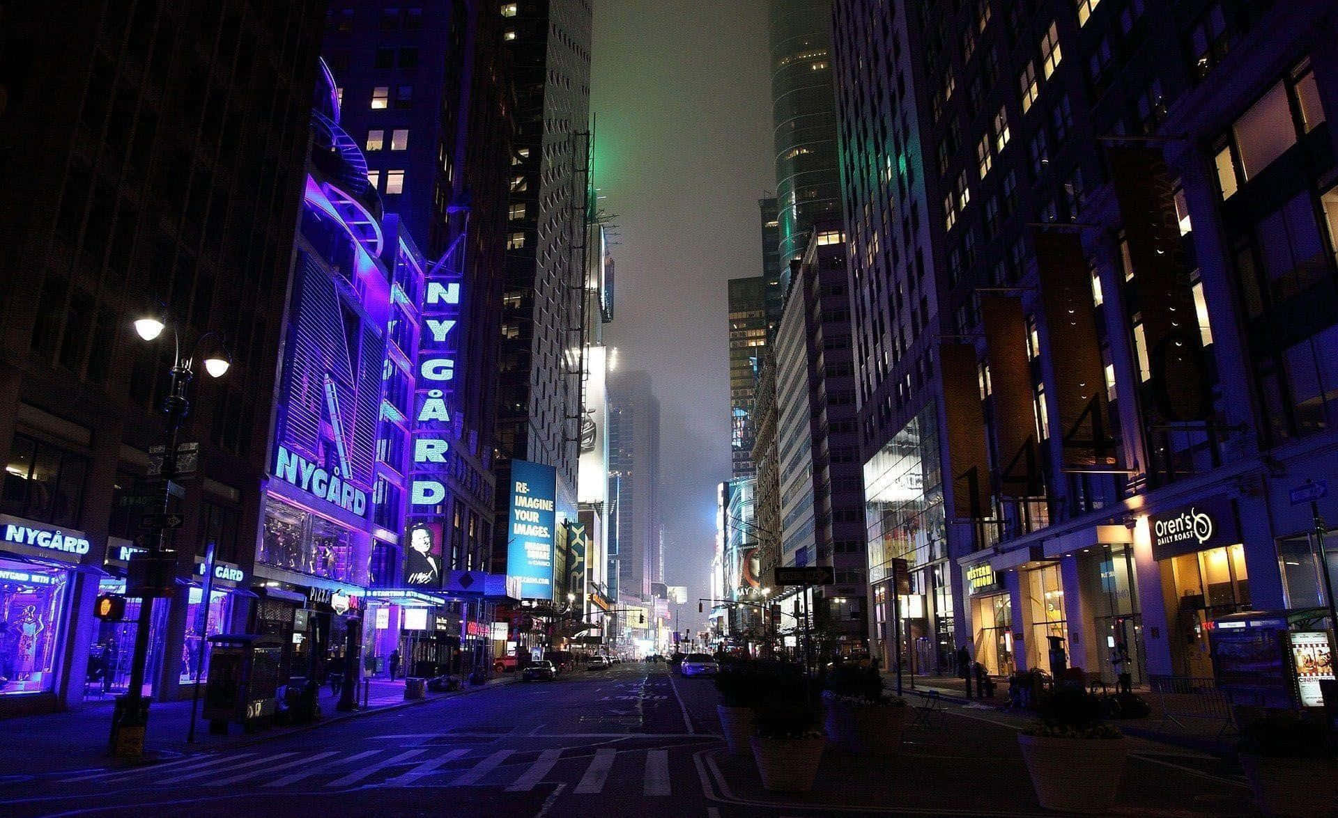 neon-lit urban street, towering buildings, glowing purple and green, Full HD Desktop Wallpaper