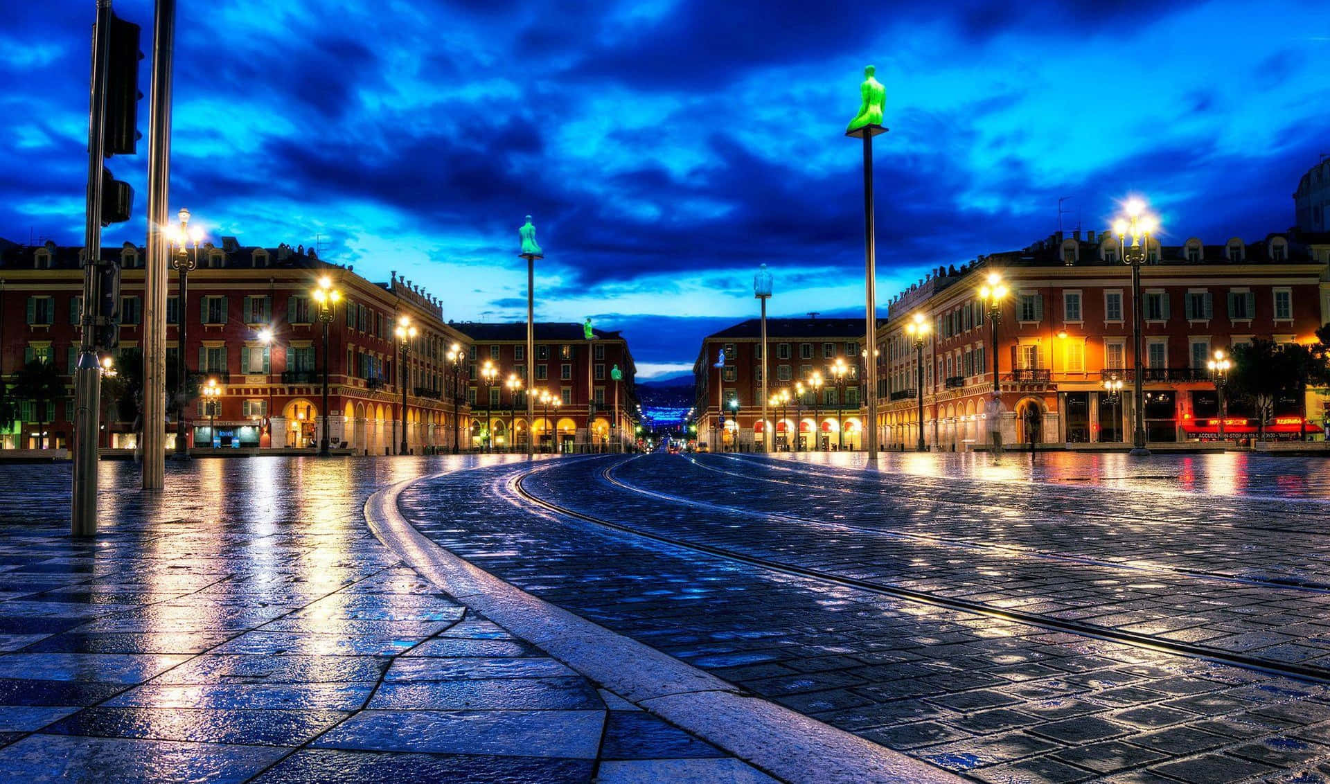 twilight cityscape street view, wet cobblestone plaza, dusk, Full HD Desktop Wallpaper