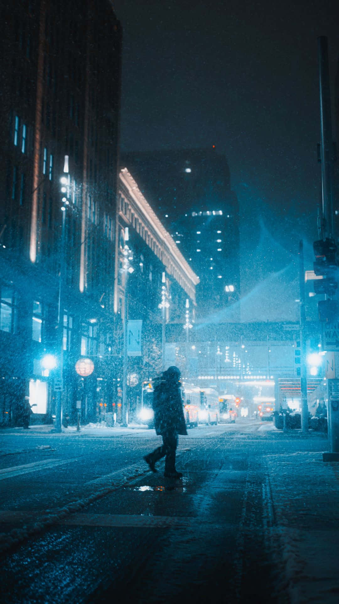 snowy city street, night, glowing blue streetlights, Full HD Phone Wallpaper