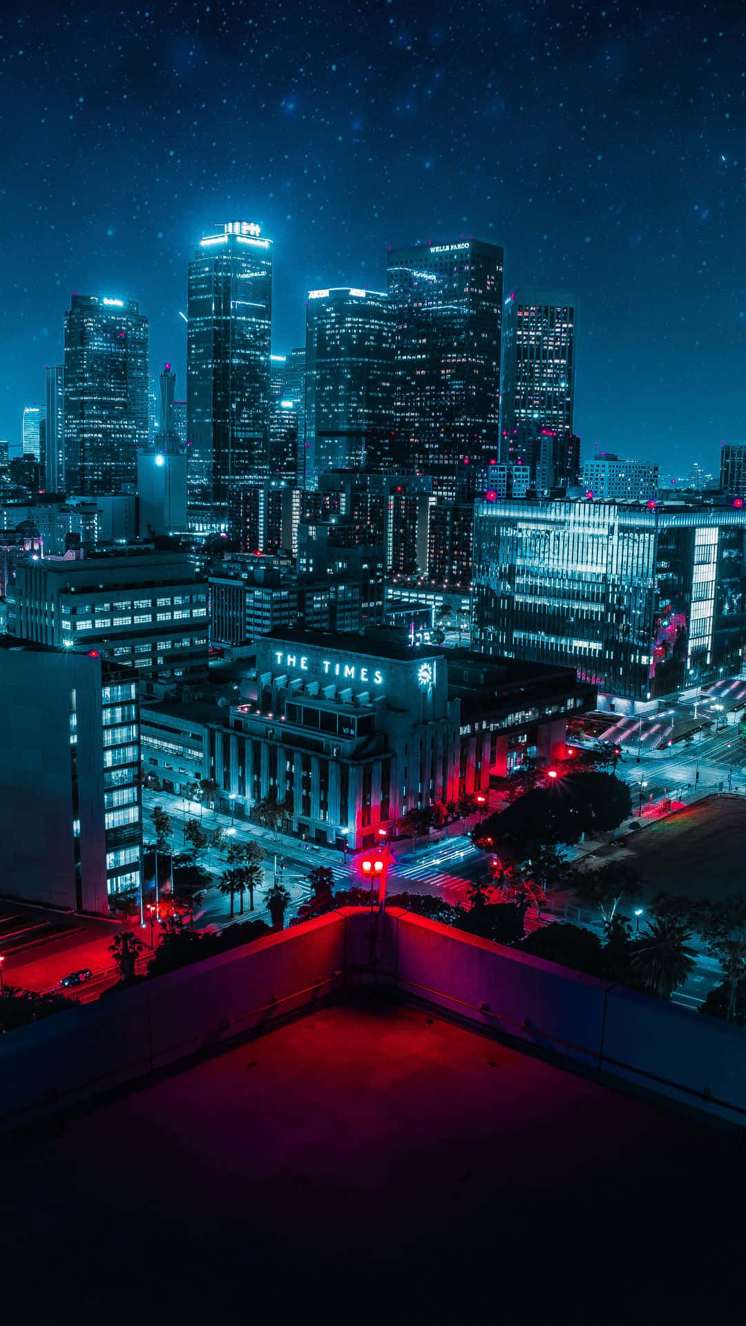 City Night Skyscrapers Under Stars, neon-lit cityscape, towering skyscrapers, Full HD Phone Wallpaper