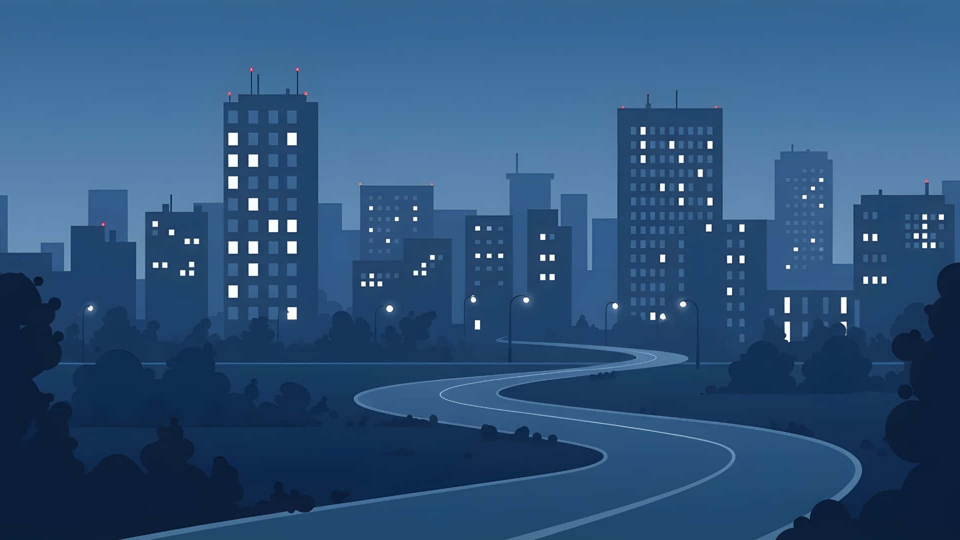 City Skyline, Night Road, glowing windows, Full HD Desktop Wallpaper