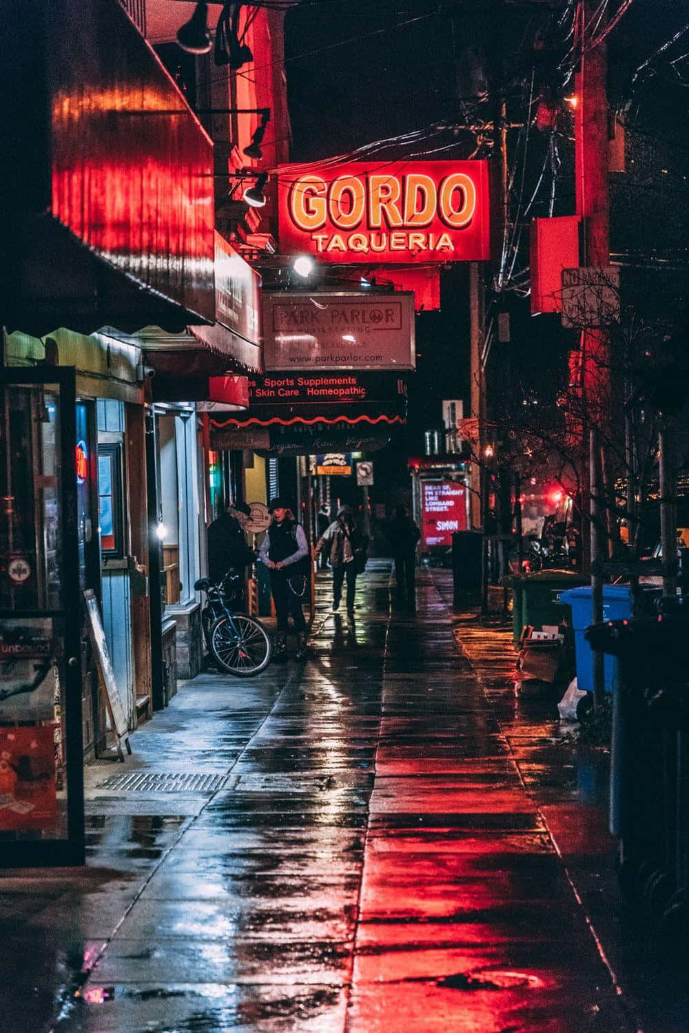 rain-slicked urban alley, night, vibrant red neon signs, HD Phone Wallpaper