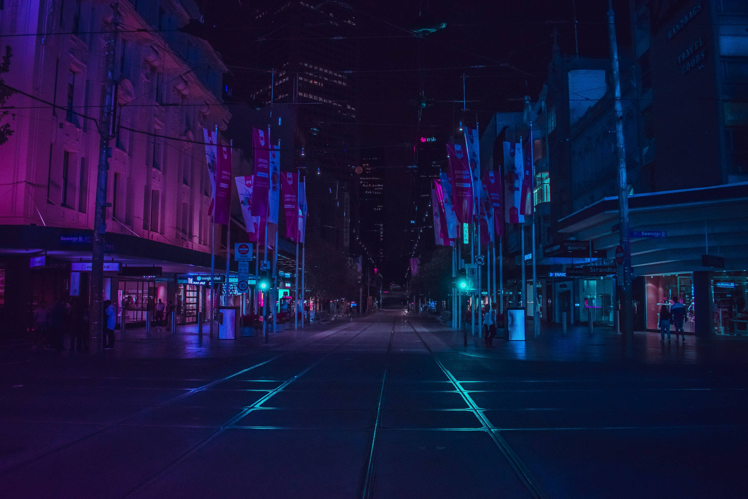 purple building, neon-drenched urban street, glowing purple and blue lights, Full HD Desktop Wallpaper