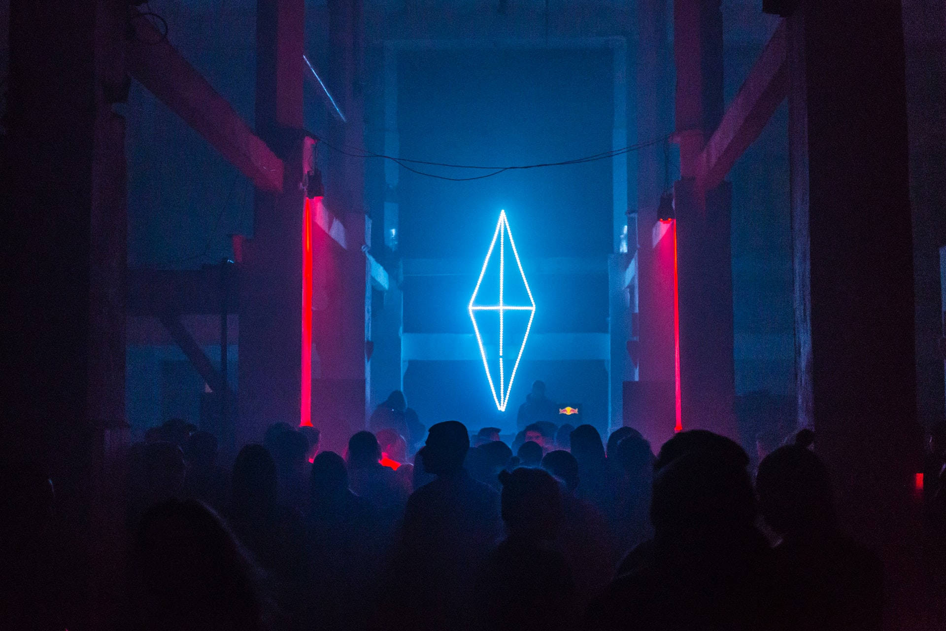 neon sign, blue diamond-shaped, red vertical lights, Full HD Desktop Wallpaper