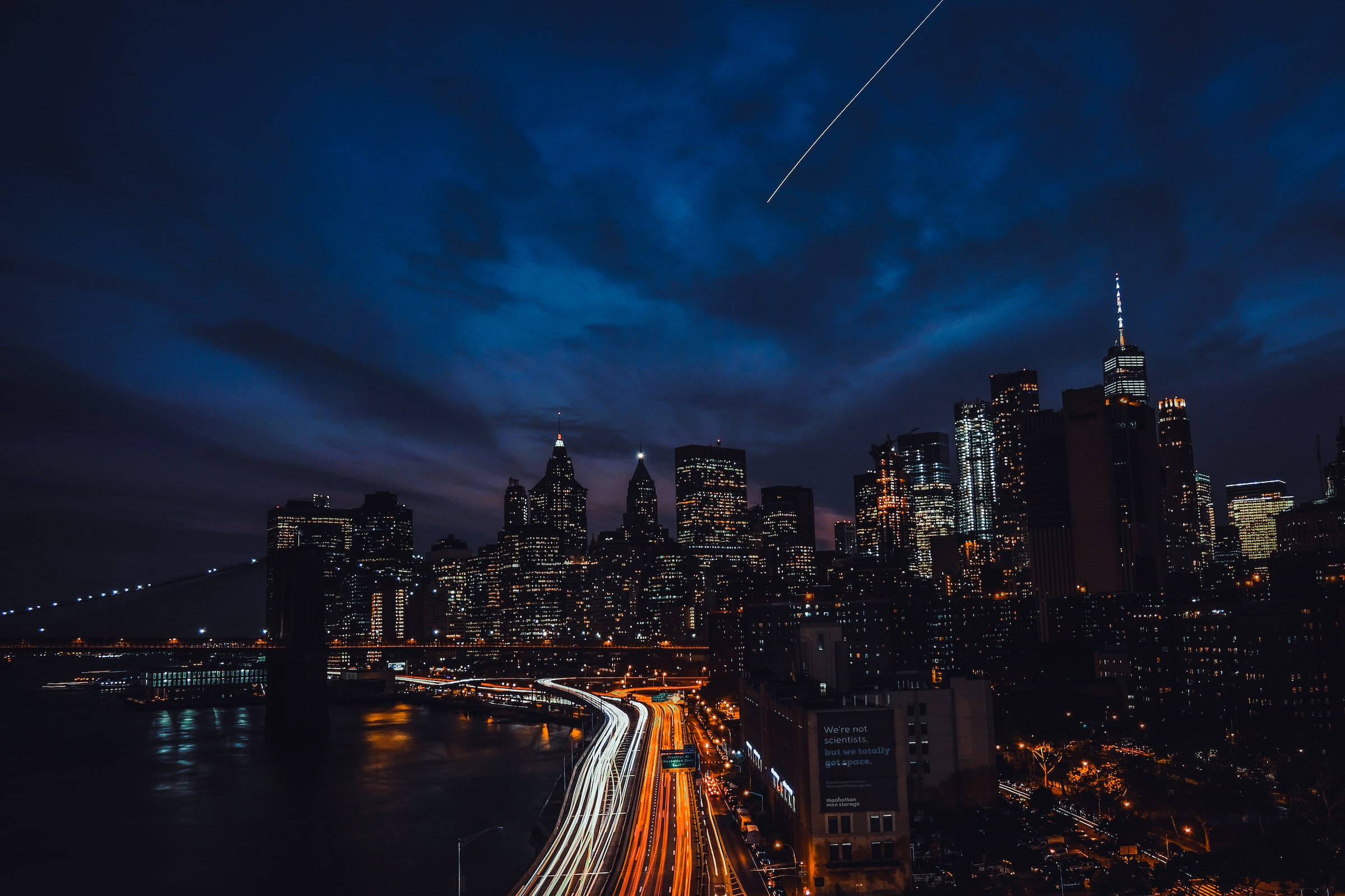 City Night, shooting star, glowing skyscrapers, Full HD Desktop Wallpaper