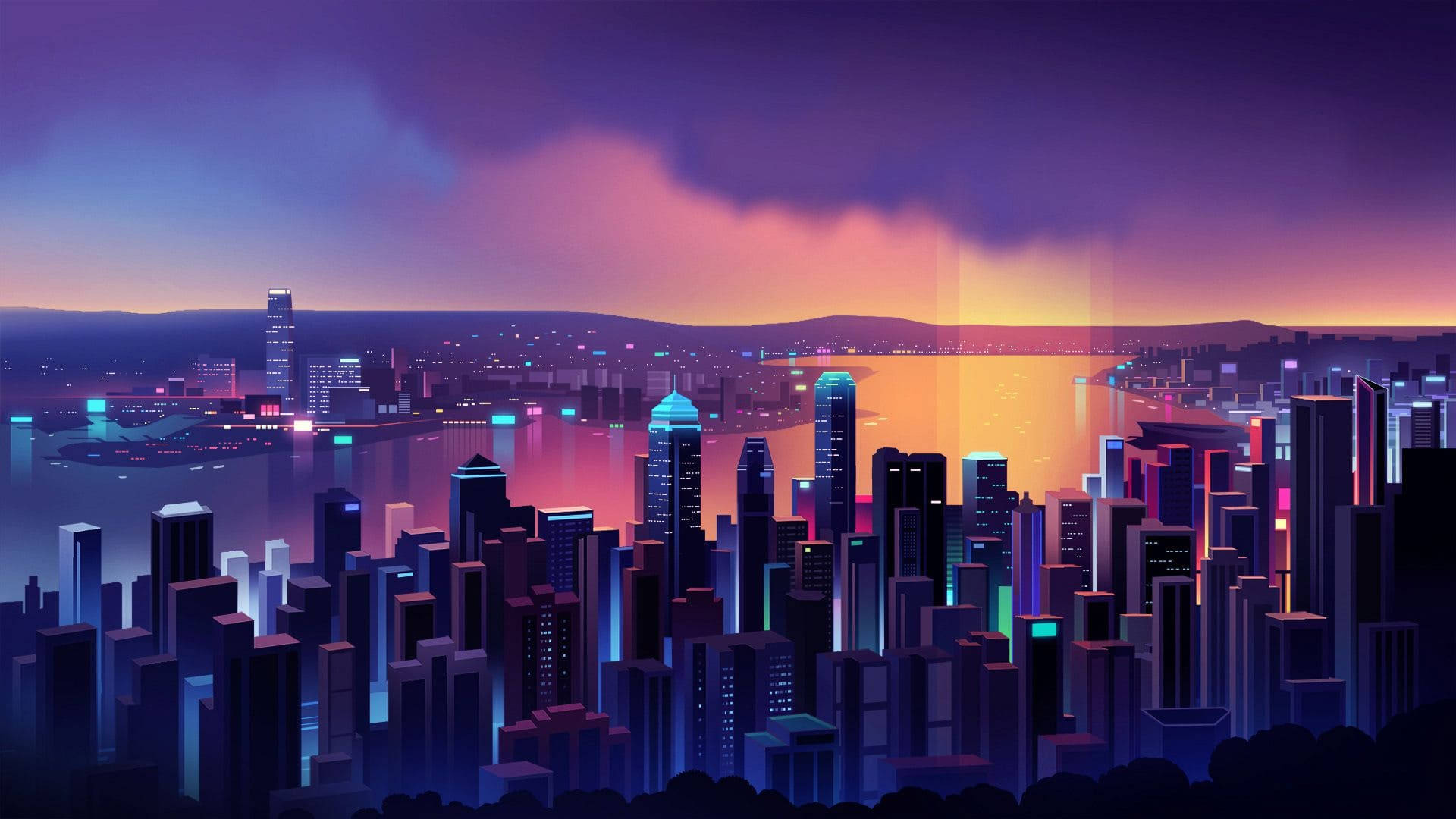 futuristic city skyline, twilight, neon lights, Full HD Desktop Wallpaper