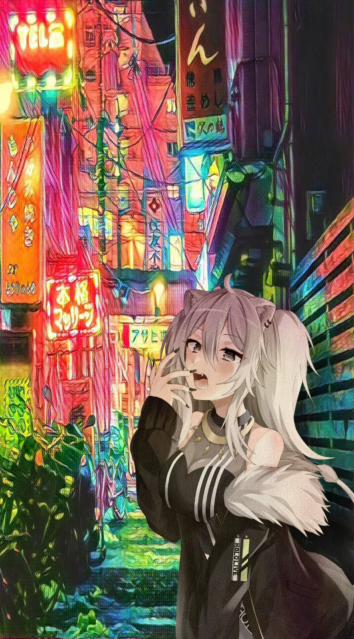 silver-haired anime girl, neon-drenched Tokyo alleyway, glowing signs, Full HD Phone Wallpaper