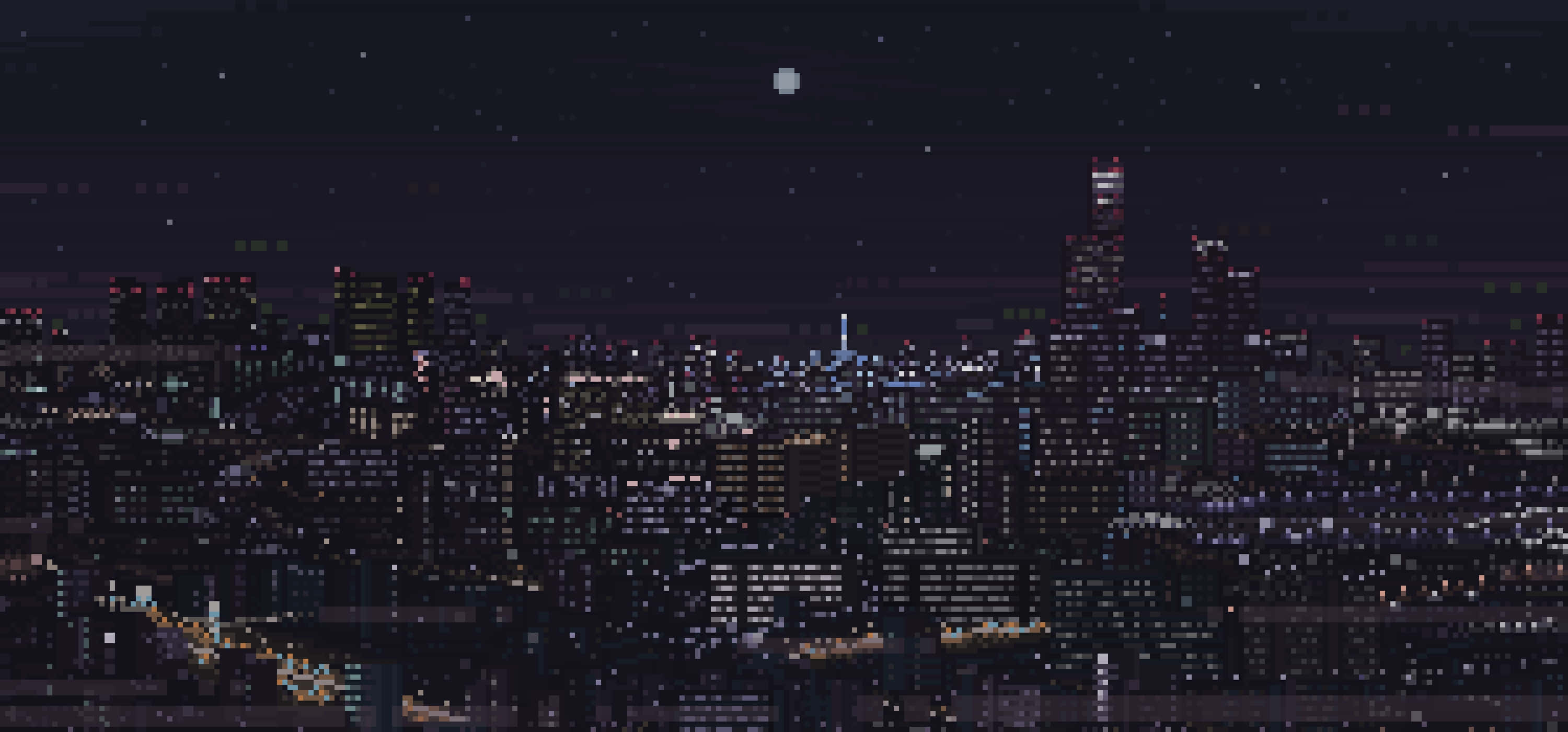 City Pixel Art, night, glowing windows, 2K Desktop Wallpaper