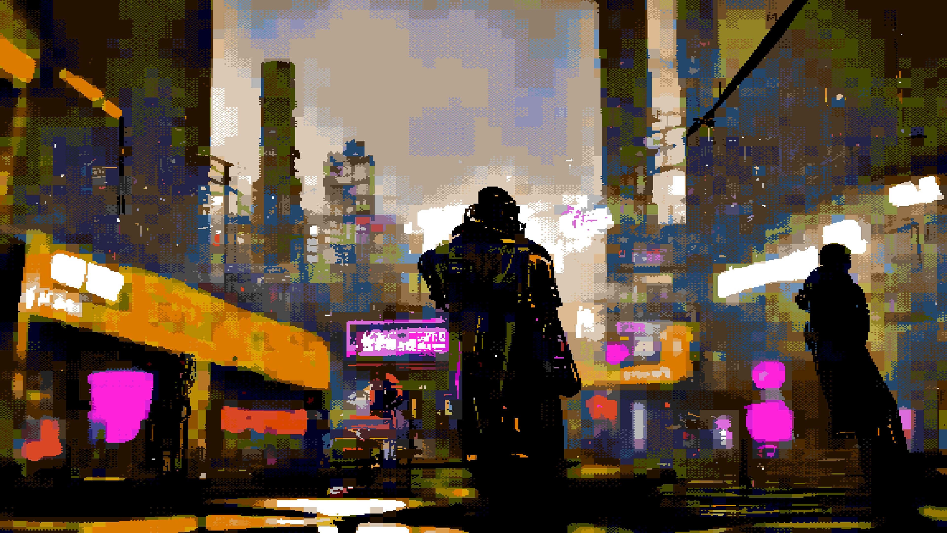 Pixel City Skyline, neon-drenched cyberpunk cityscape, trench coat, 4K Desktop Wallpaper