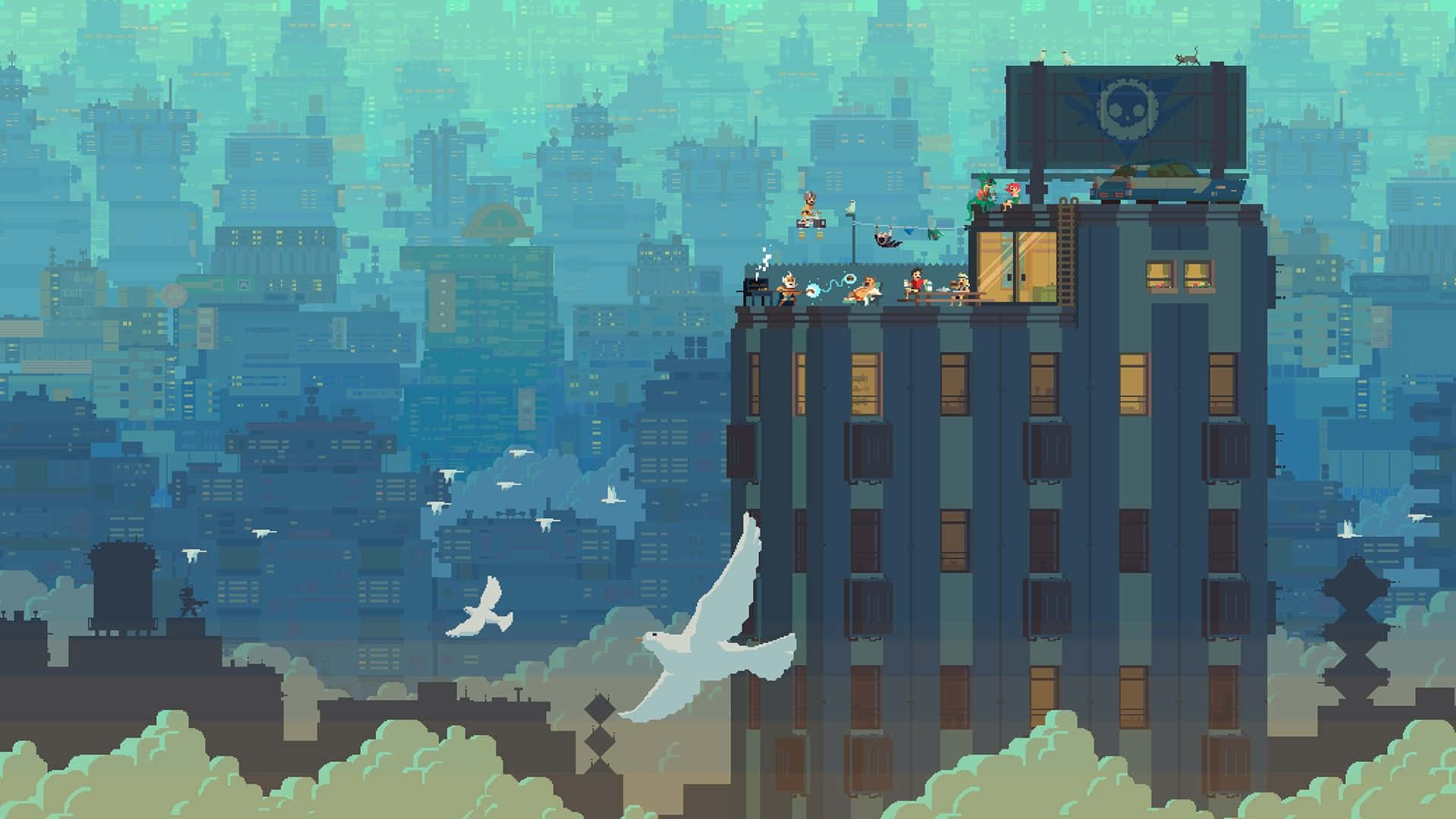 City Pixel Art, teal and blue buildings, white birds flying, Full HD Desktop Wallpaper