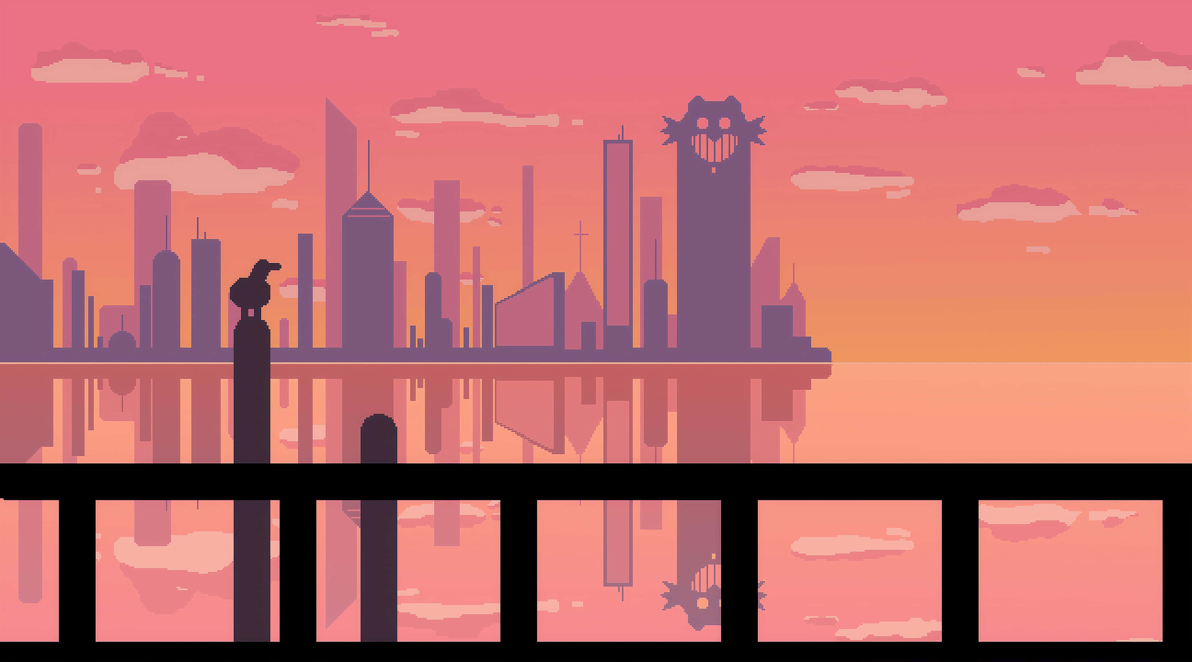 City Pixel Art, sunset, skyscraper, 4K Desktop Wallpaper