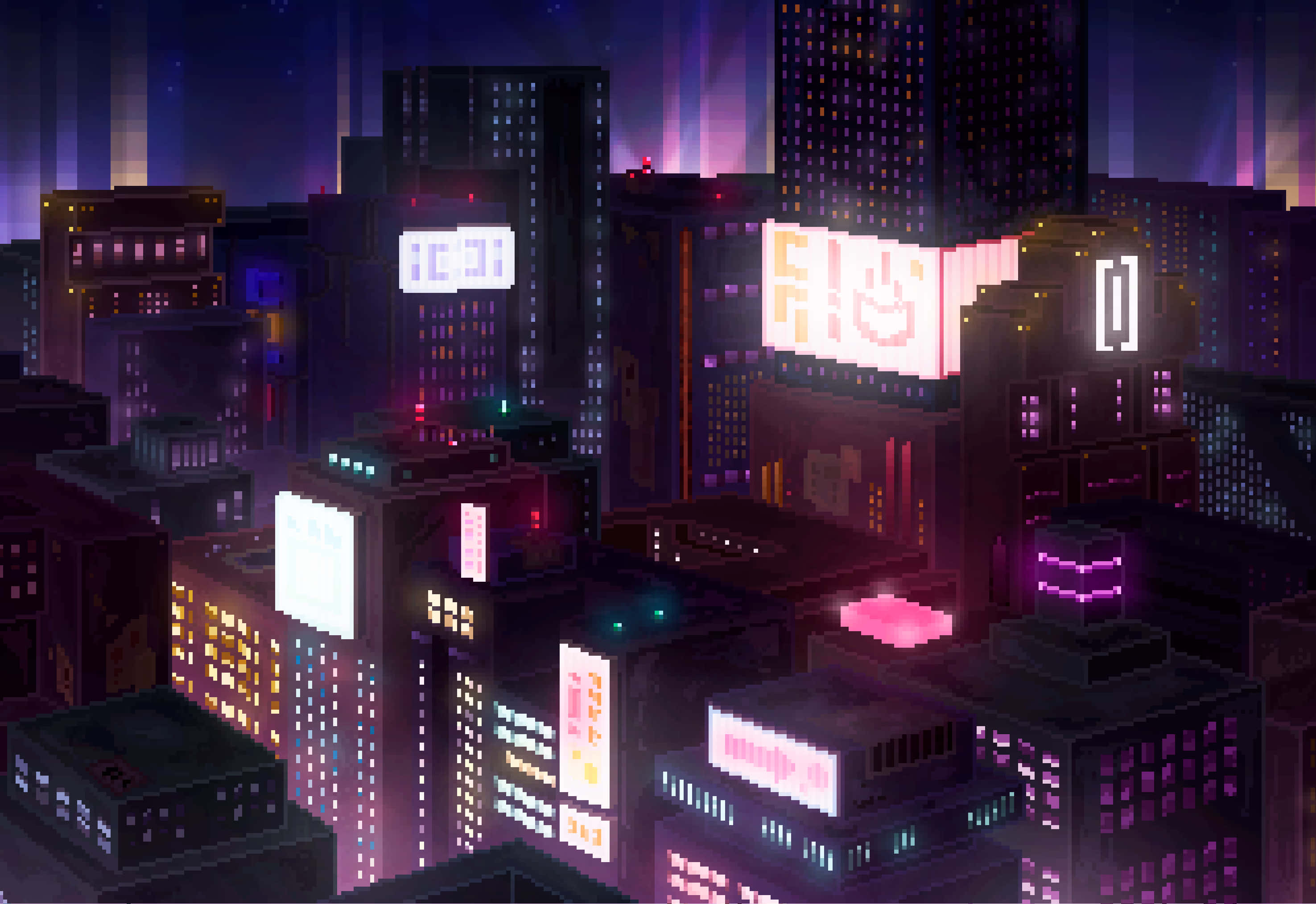 City Pixel Art, neon signs, towering buildings, 2K Desktop Wallpaper