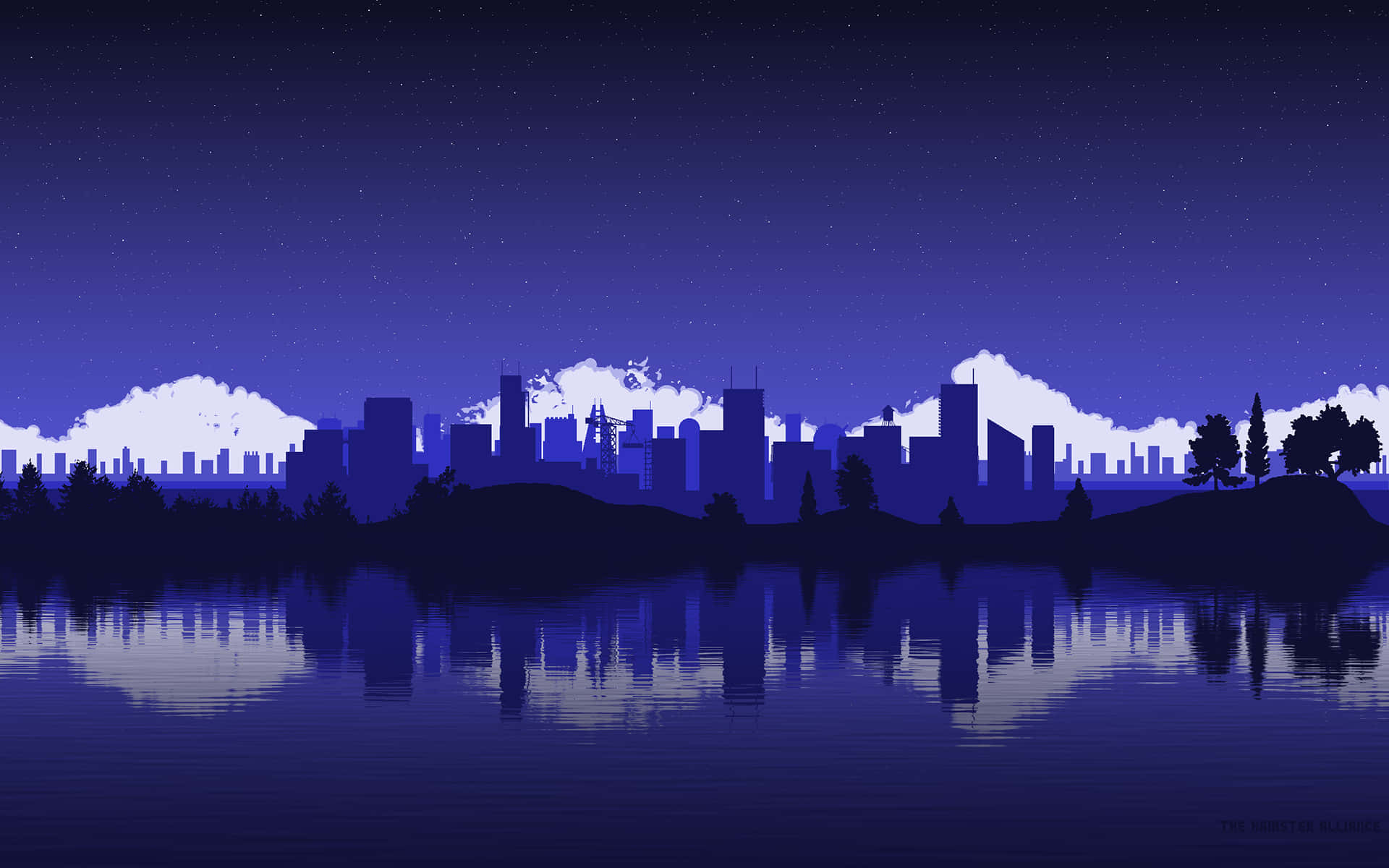 City Pixel Art, night cityscape, calm water, Full HD Desktop Wallpaper