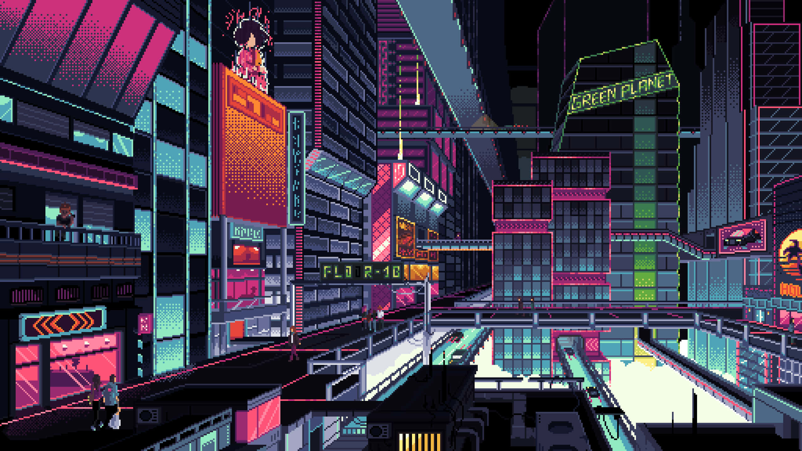 City Pixel Art, neon signs, pink, 2K Desktop Wallpaper