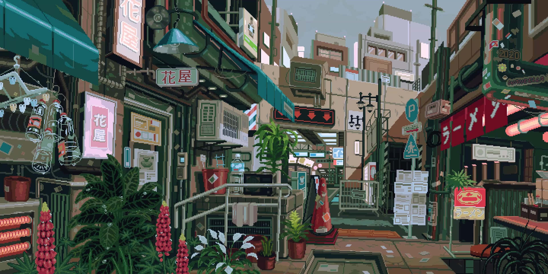 pixel-art alleyway, Japanese cityscape, hanging plants, Full HD Desktop Wallpaper