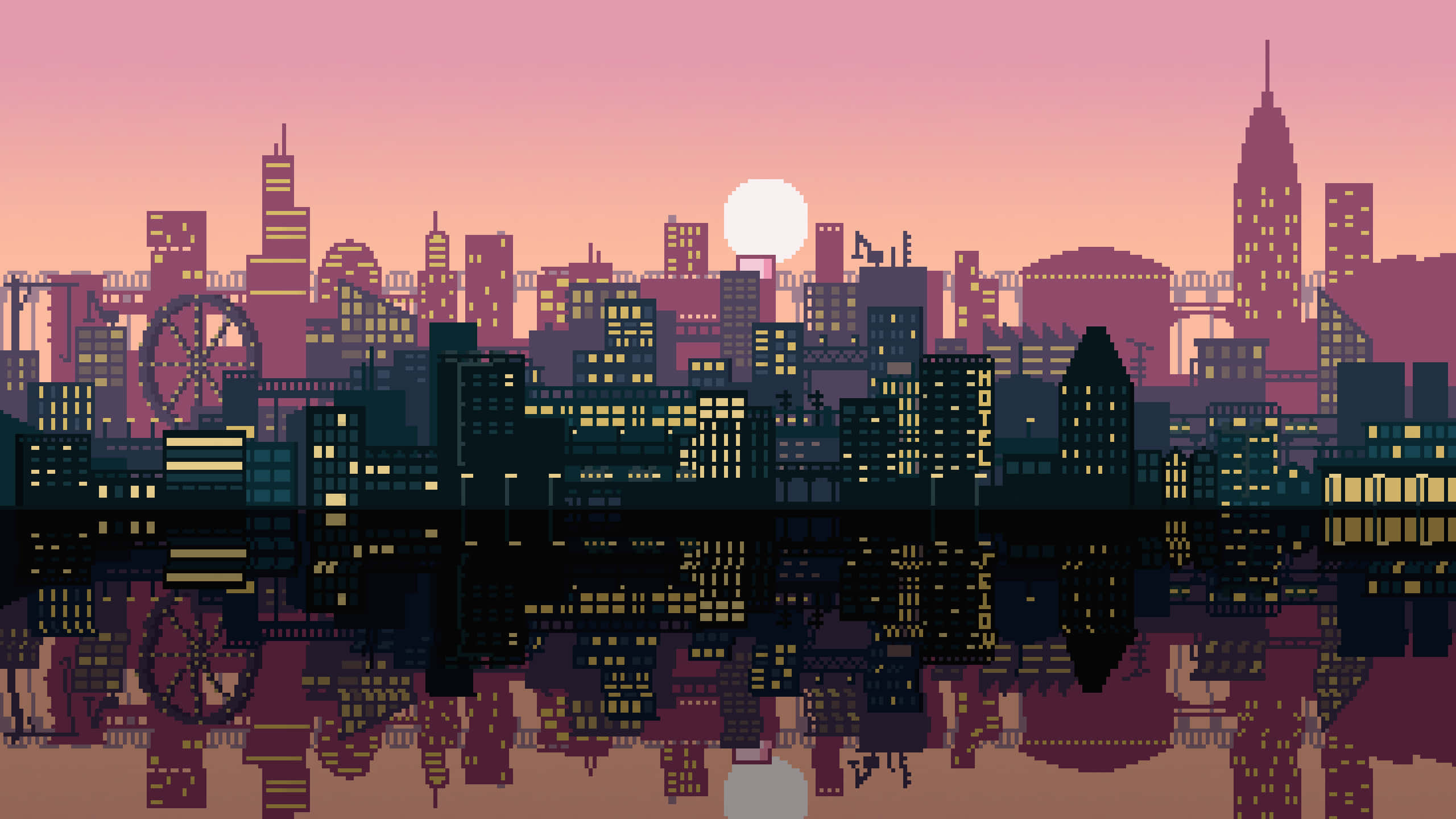 City Pixel Art, dusk, glowing windows, 2K Desktop Wallpaper