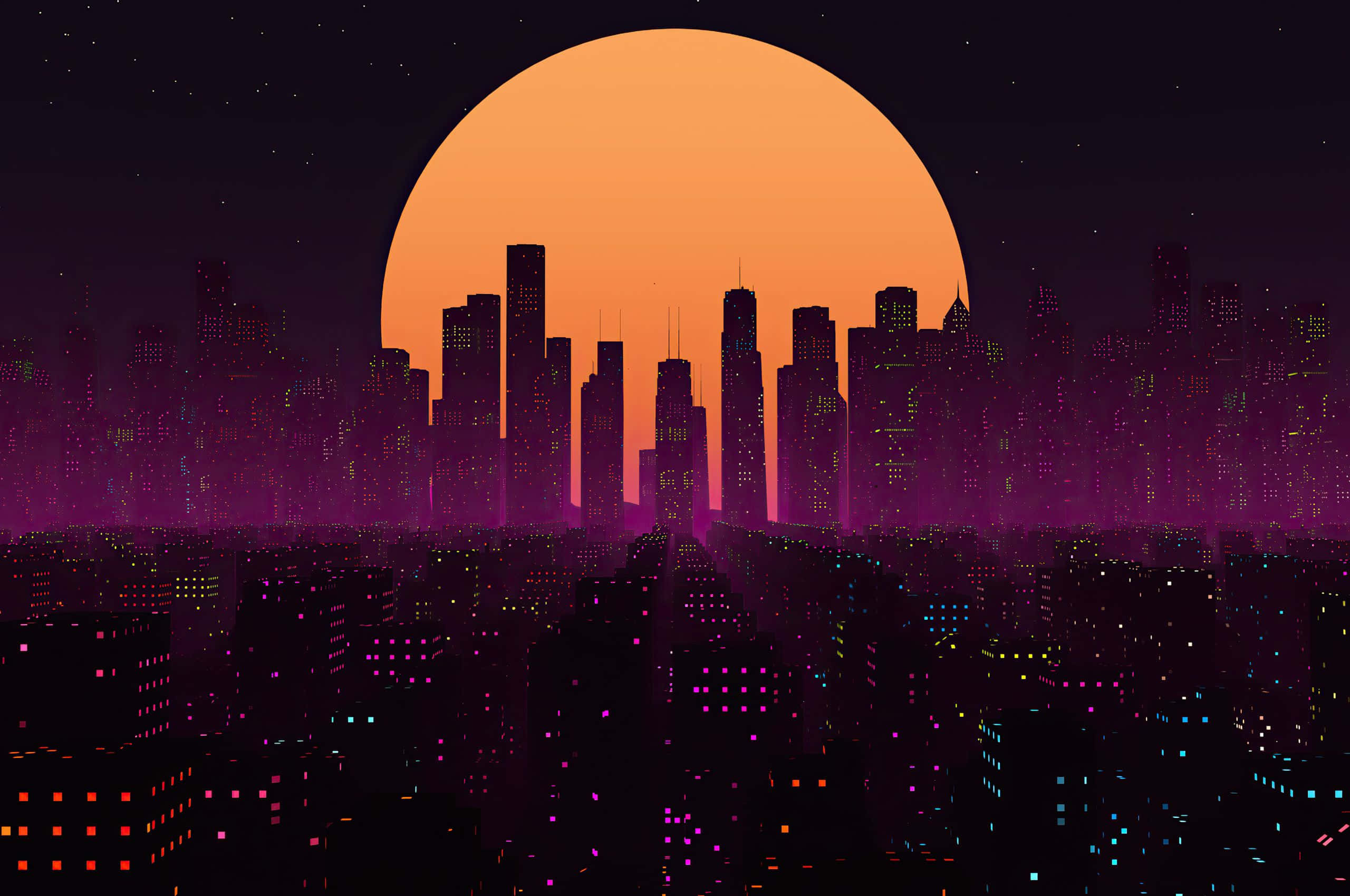 City Pixel Art, neon-drenched cityscape, night, 2K Desktop Wallpaper