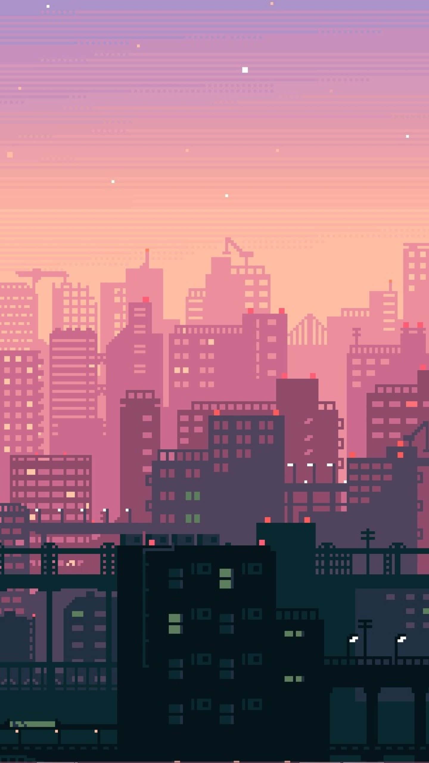 Sunset, City Pixel Art, pastel pink and purple sky, 2K Phone Wallpaper
