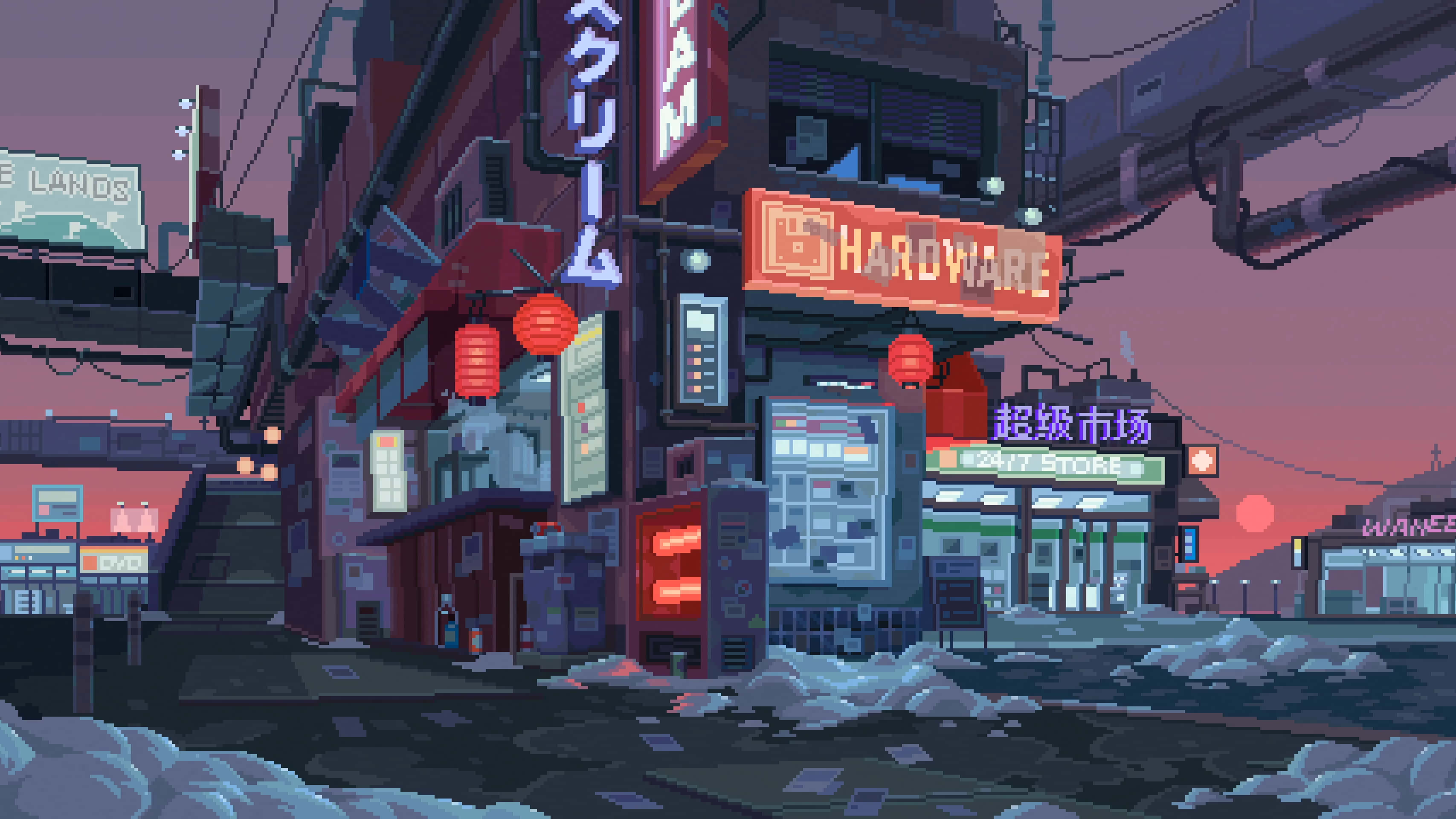 City Pixel Art, neon signs, snow piles, 2K Desktop Wallpaper