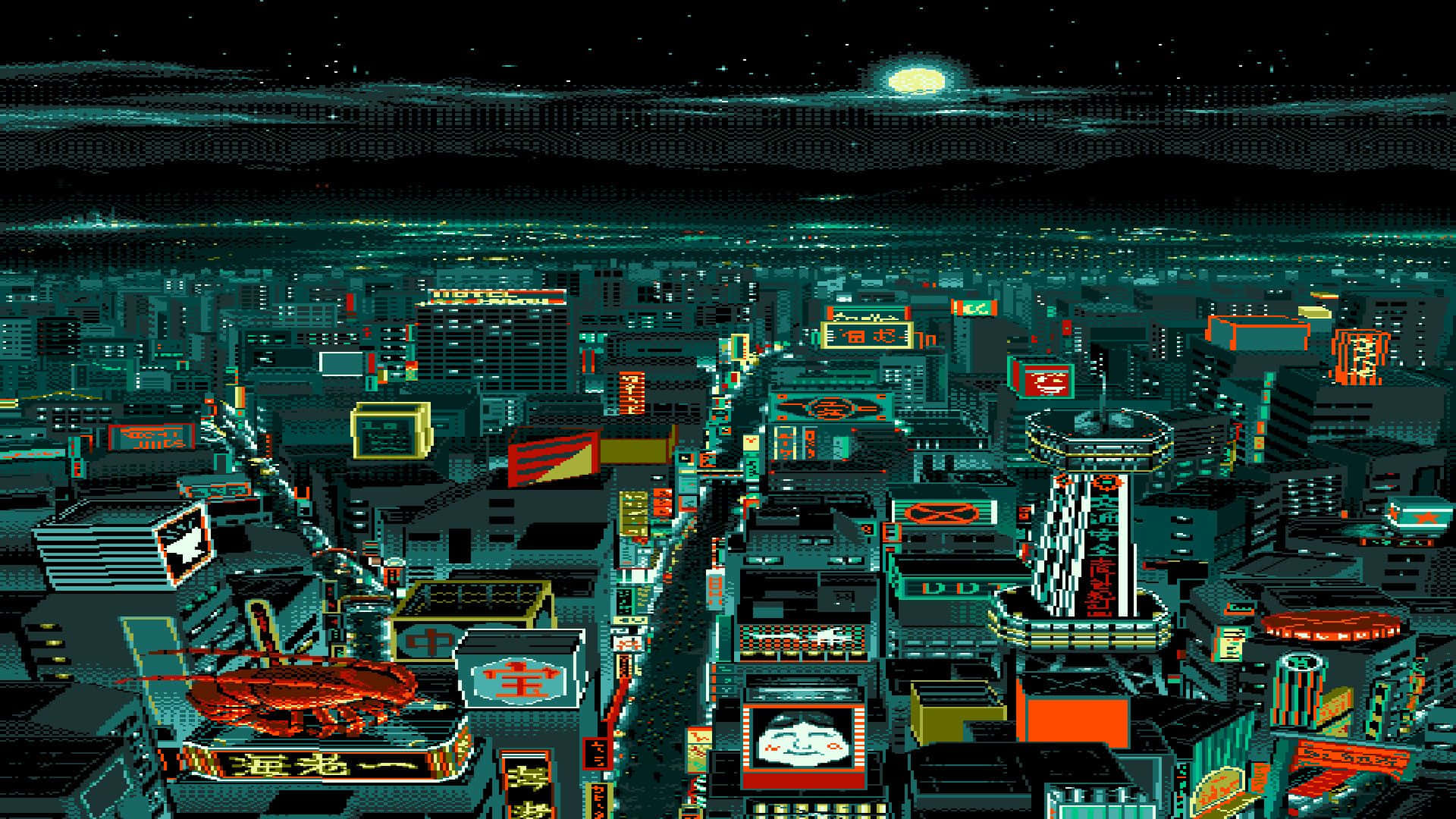 City Pixel Art, neon-lit cityscape, glowing signs, Full HD Desktop Wallpaper