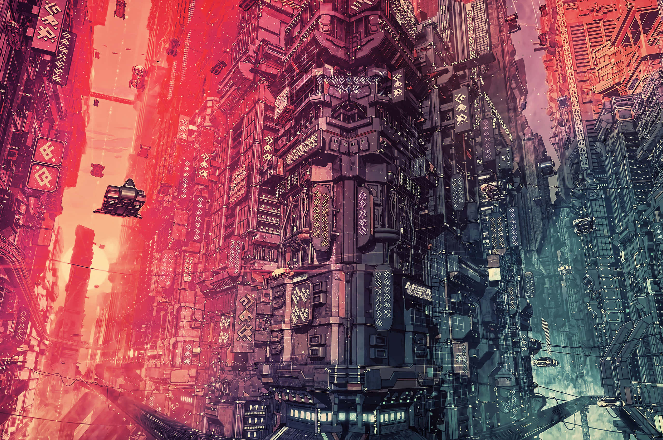 cyberpunk cityscape, neon-lit skyscrapers, flying vehicles, 2K Desktop Wallpaper
