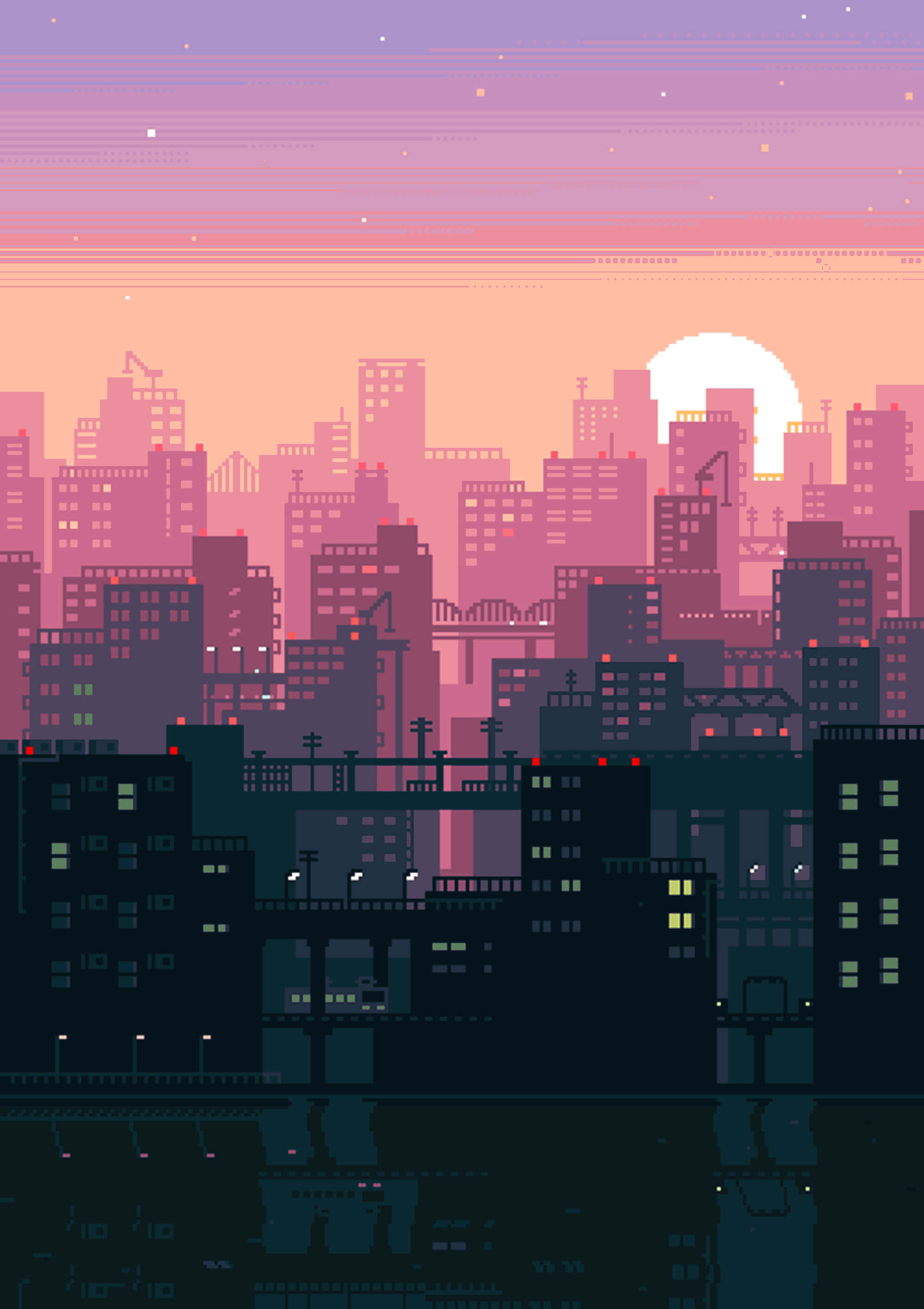Lo Fi Pixel Art City, sunset, glowing windows, 2K Phone Wallpaper