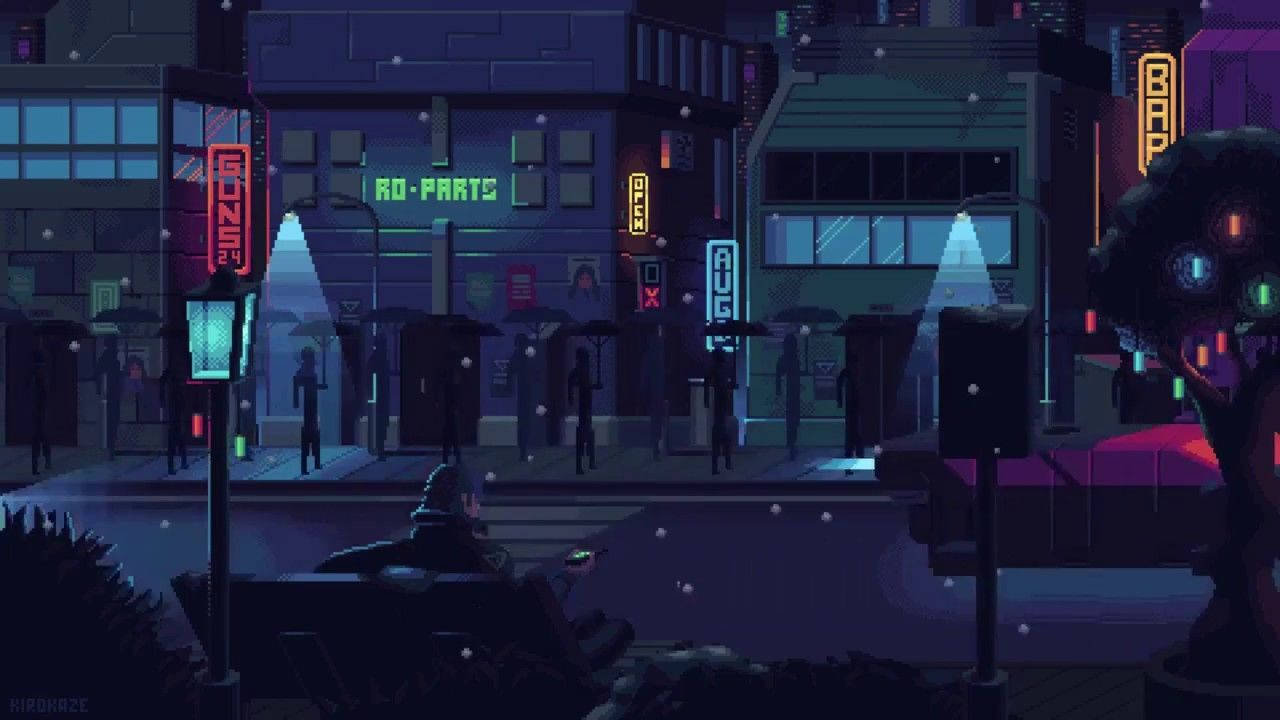 Pixel-art city street, neon signs, buildings, HD Desktop Wallpaper