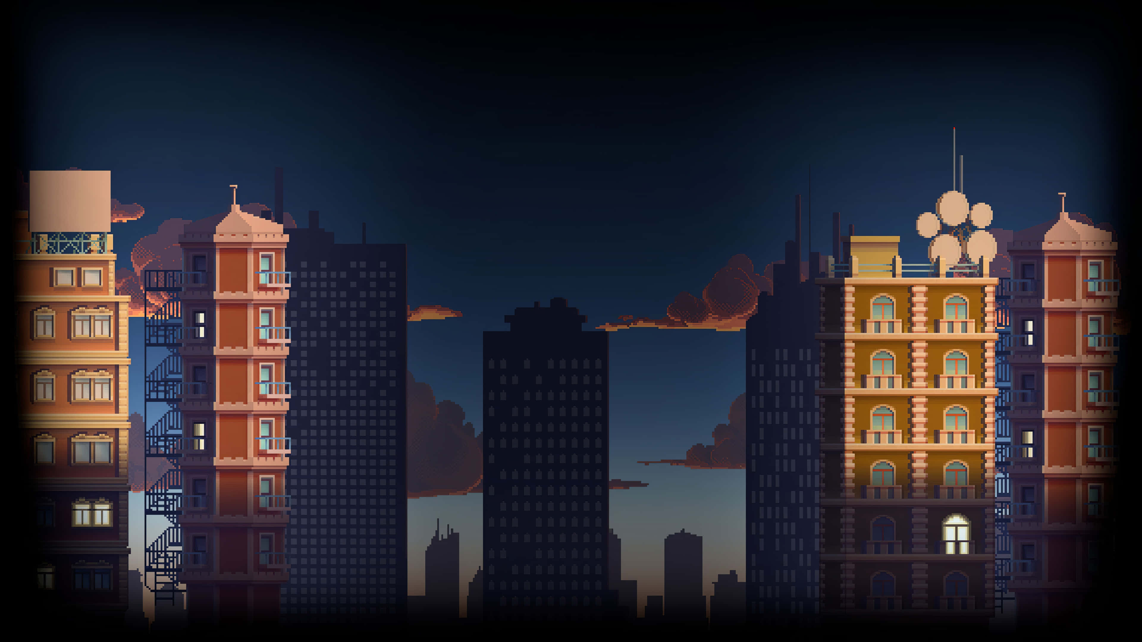 City Pixel Art, dusk, warm lit windows, 4K Desktop Wallpaper