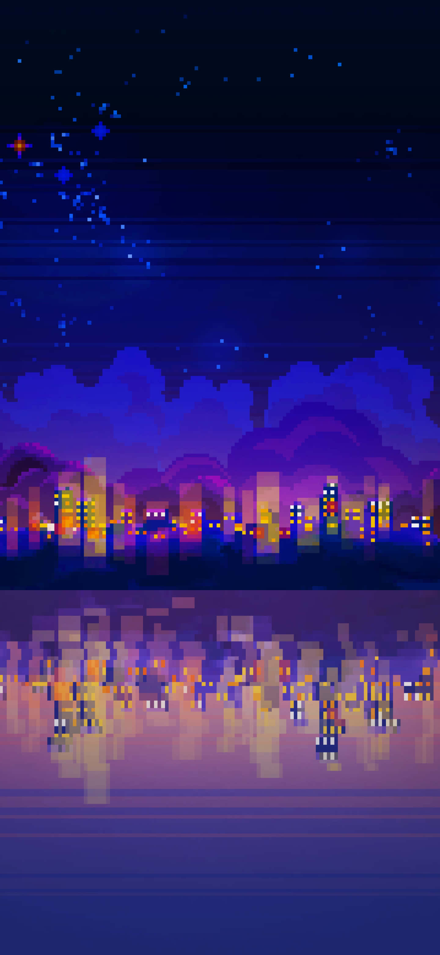 Pixelated Cityscape Night Reflection, city skyline, glowing buildings, 2K Phone Wallpaper
