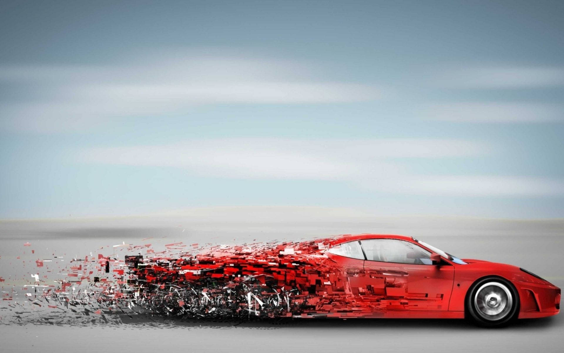 red sports car, pixelated fragments, minimalist gray and blue sky, Full HD Desktop Wallpaper