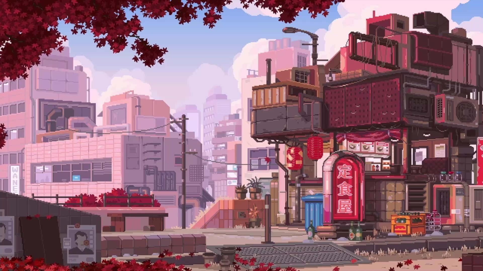 pixel art, urban, anime scene, Full HD Desktop Wallpaper