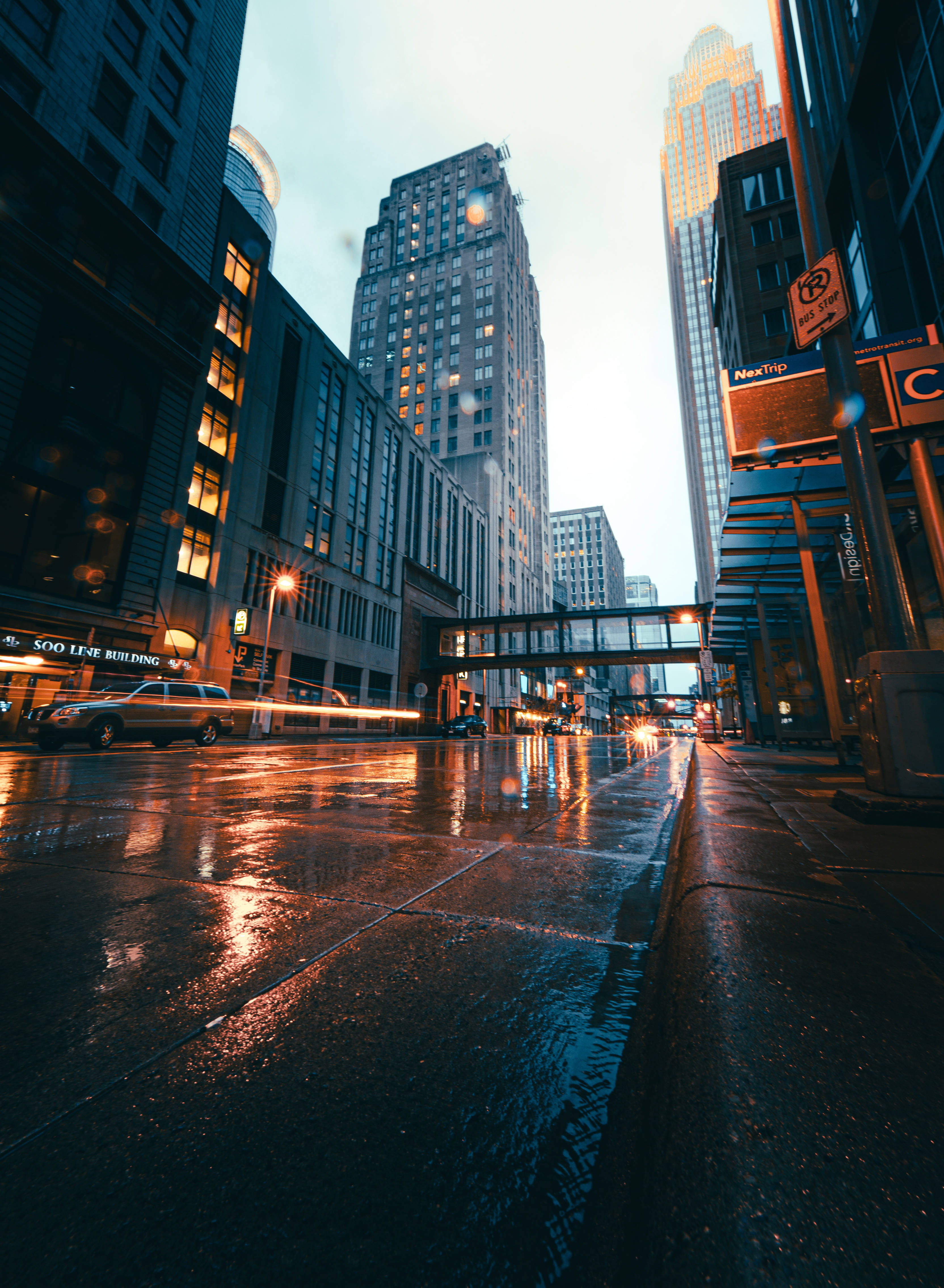 downtown street, rain-slicked, urban street, 4K Phone Wallpaper