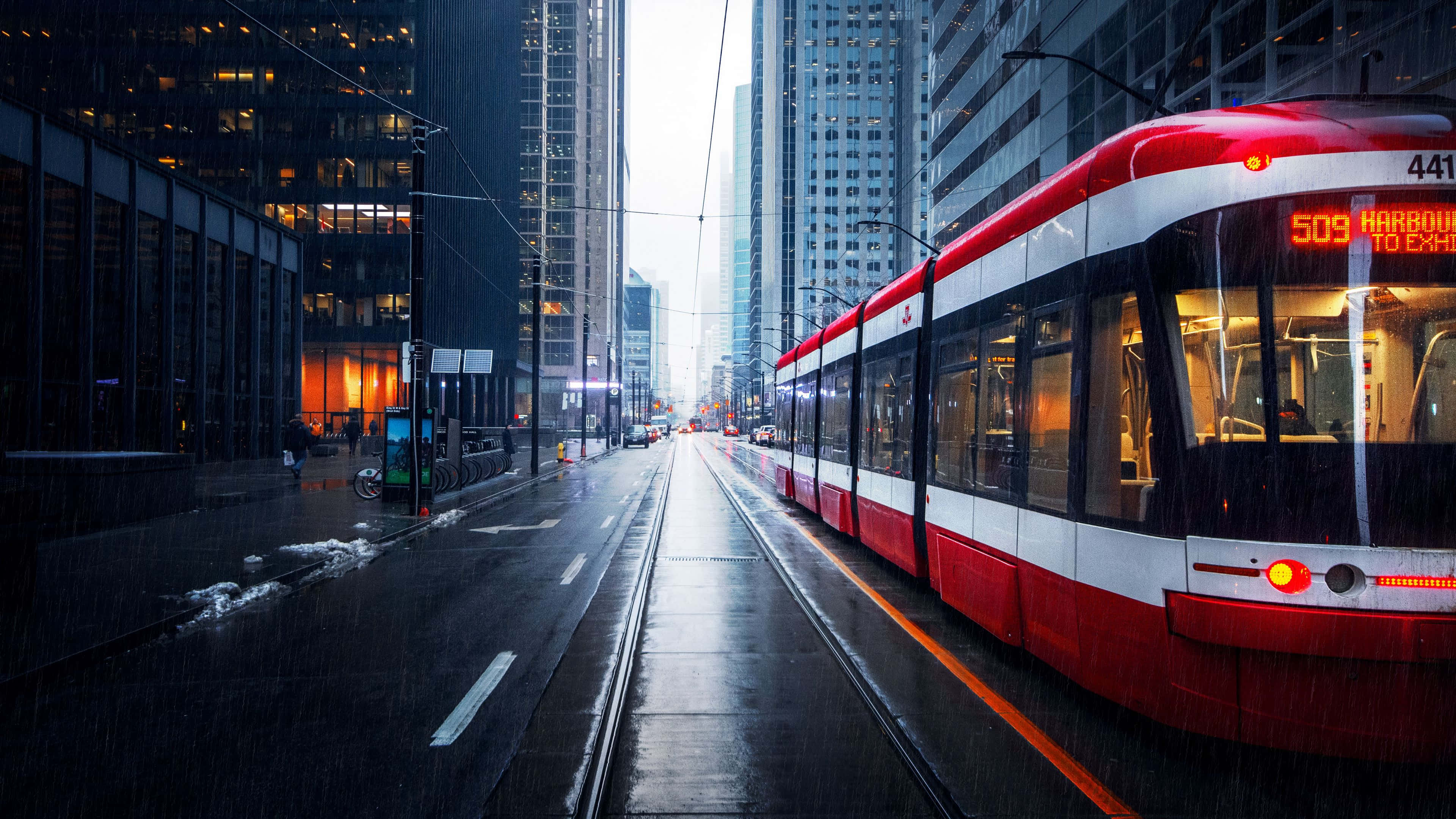 City Rain, 4K, red and white streetcar, 4K Desktop Wallpaper