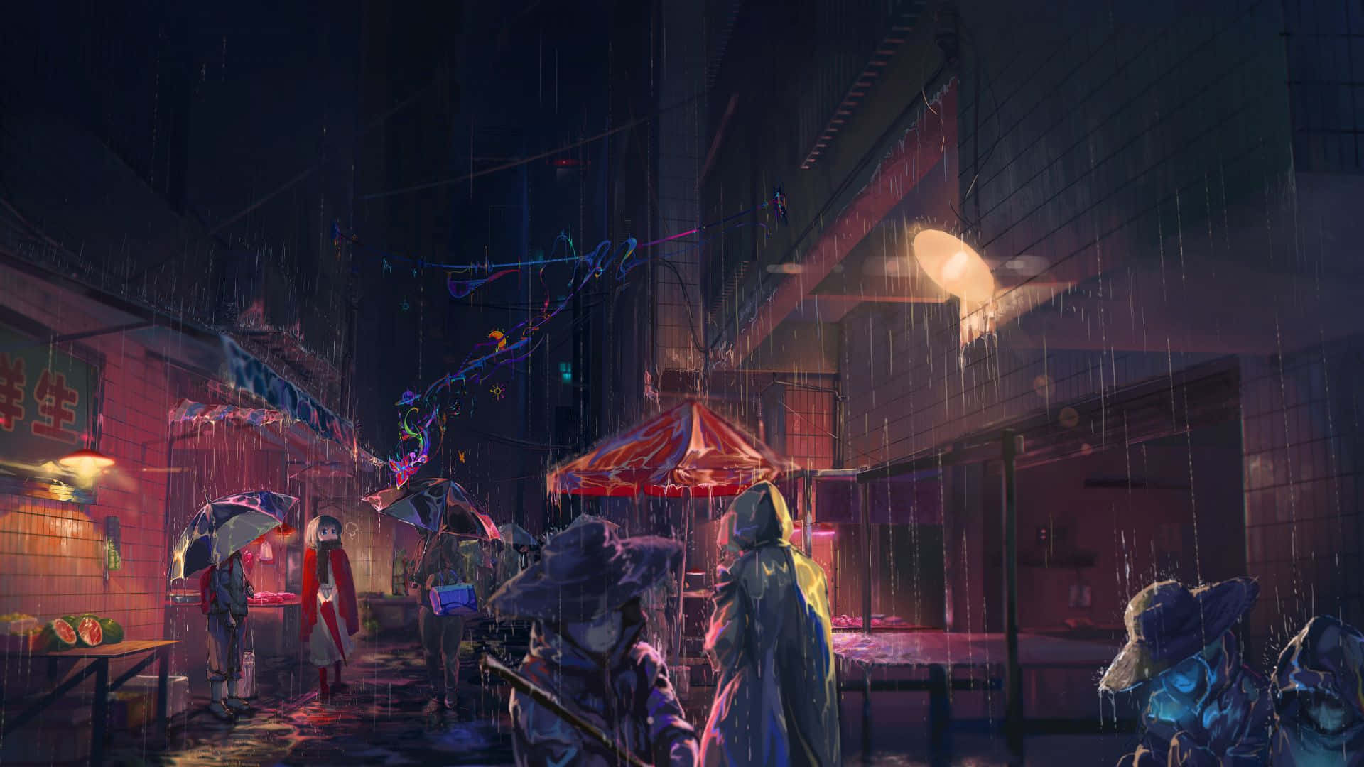 neon signs, umbrellas, cyberpunk cityscape, Full HD Desktop Wallpaper