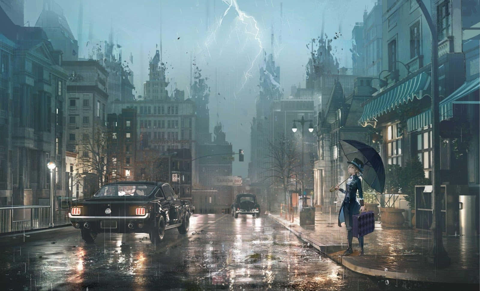 Rainy Cityscape, lightning, woman with umbrella, HD Desktop Wallpaper