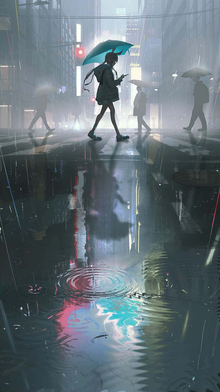 teal umbrella, neon-drenched city street, vibrant lights, HD Phone Wallpaper