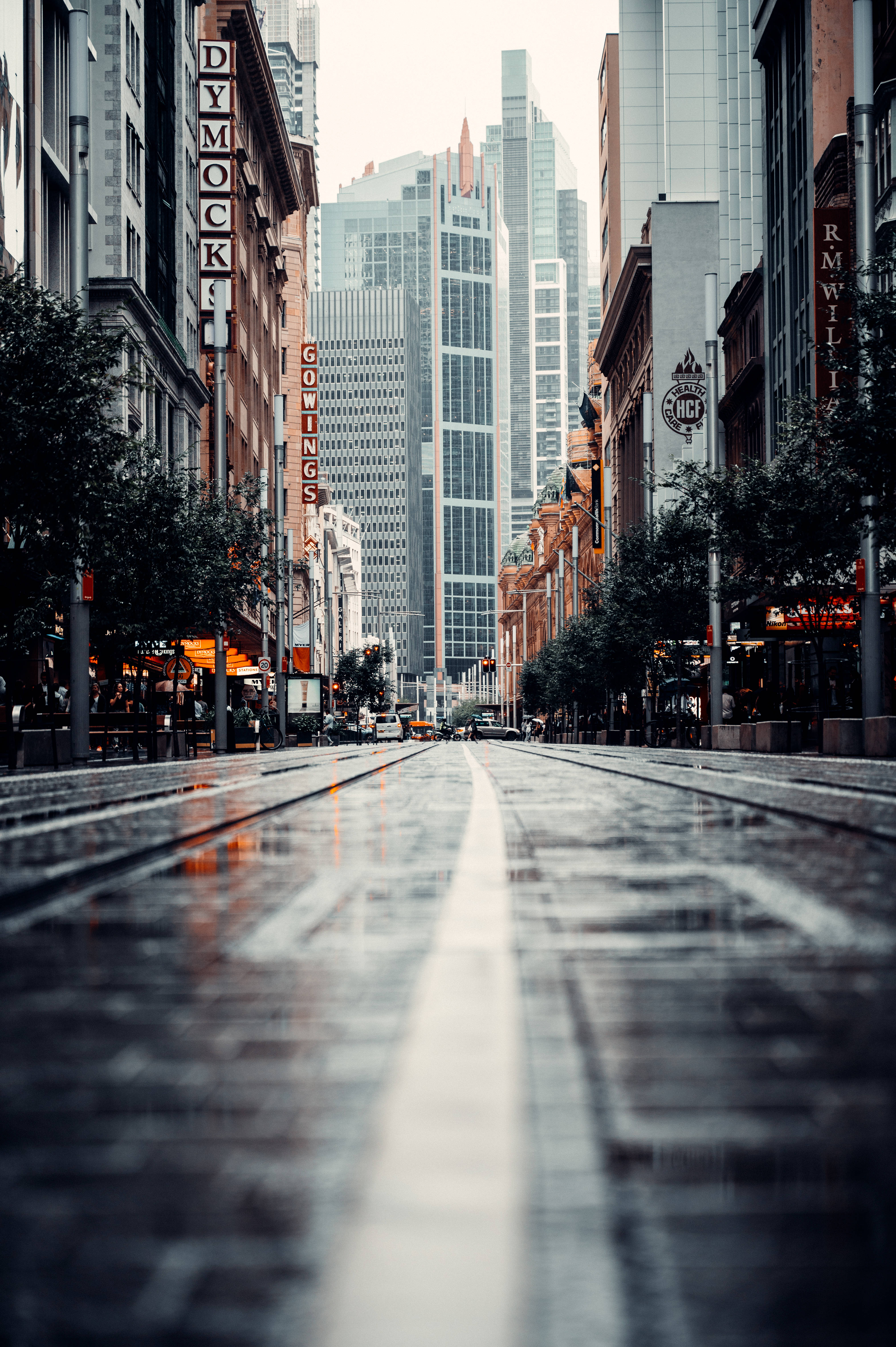 wet road, urban street, tram tracks, 5K Phone Wallpaper